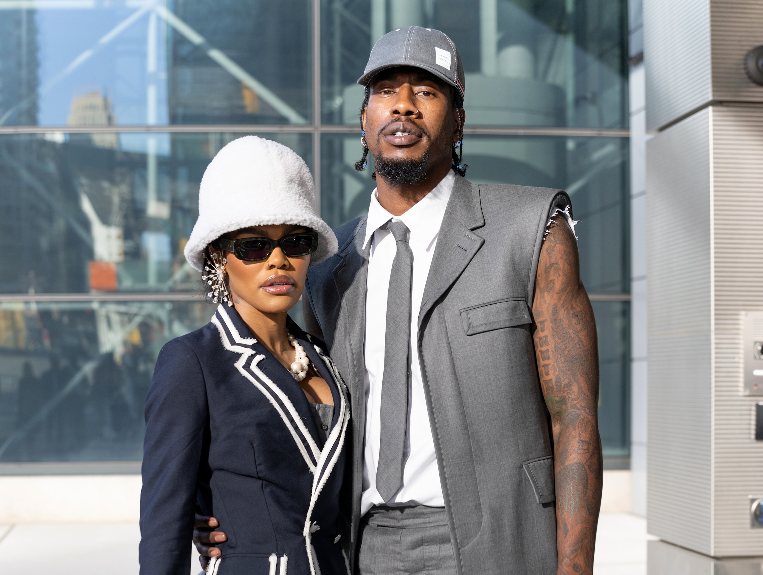 NEW YORK, NEW YORK - APRIL 29: Teyana Taylor and Iman Shumpert are seen arriving to Thom Browne Fall 2022 runway show at Javits Center on April 29, 2022 in New York City. (Photo by Gilbert Carrasquillo/GC Images)
