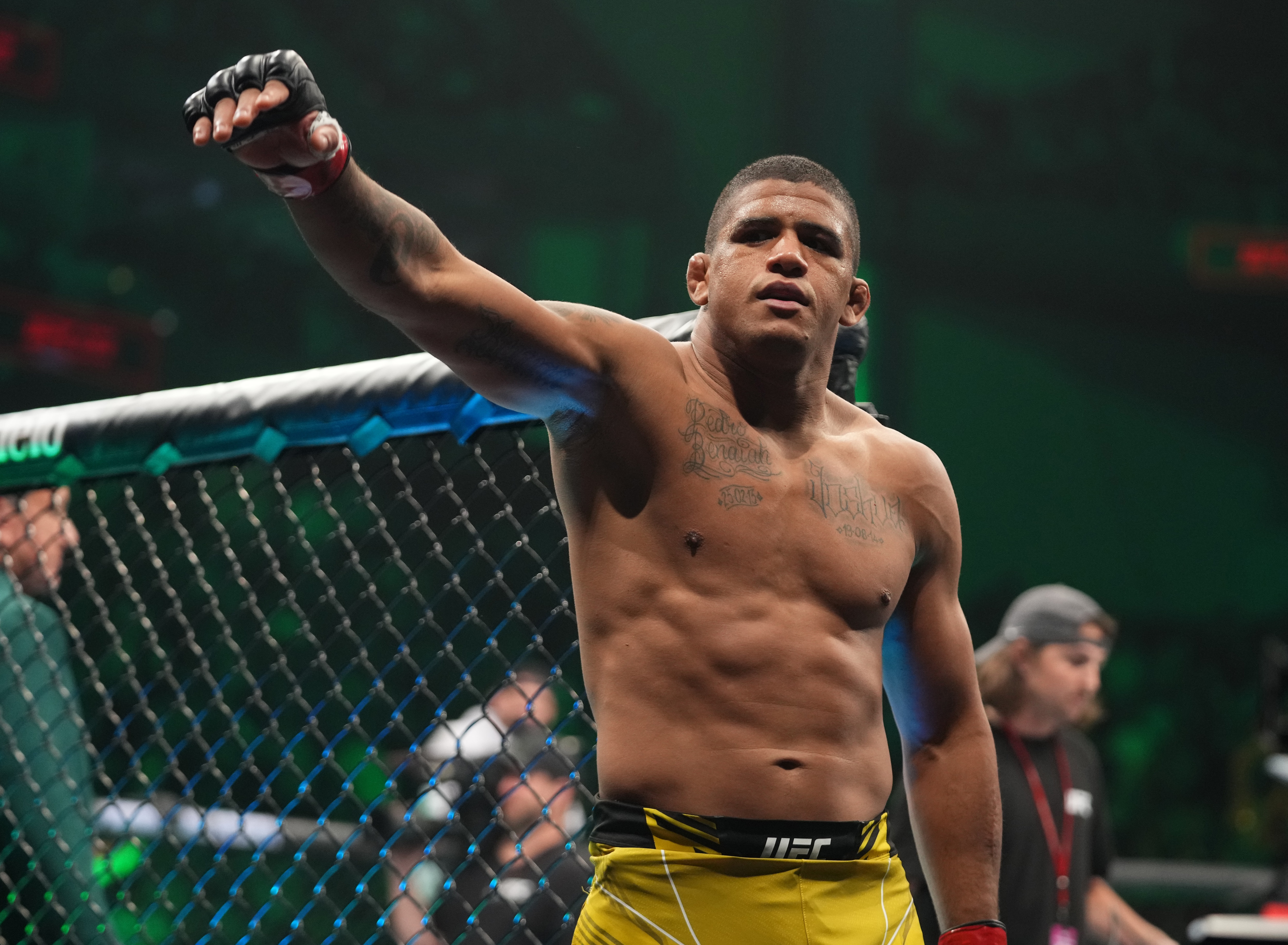 JACKSONVILLE, FLORIDA - APRIL 09: Gilbert Burns of Brazil prepares to fight Khamzat Chimaev in their welterweight fight during the UFC 273 event at VyStar Veterans Memorial Arena on April 09, 2022 in Jacksonville, Florida. (Photo by Cooper Neill/Zuffa LLC)