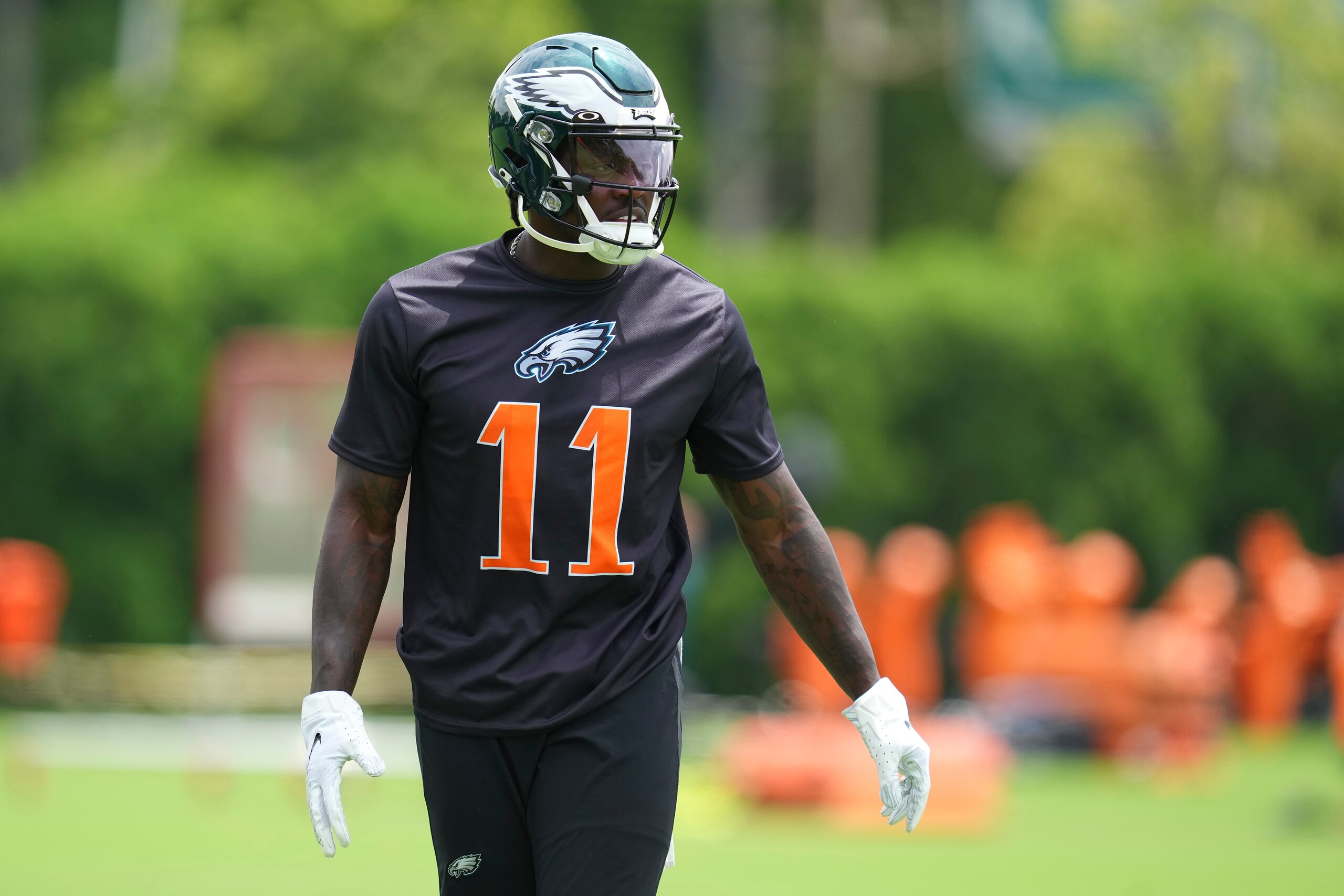 PHILADELPHIA, PA - JUNE 03: A.J. Brown #11 of the Philadelphia Eagles looks on during OTAs at the NovaCare Complex on June 3, 2022 in Philadelphia, Pennsylvania. (Photo by Mitchell Leff/Getty Images)