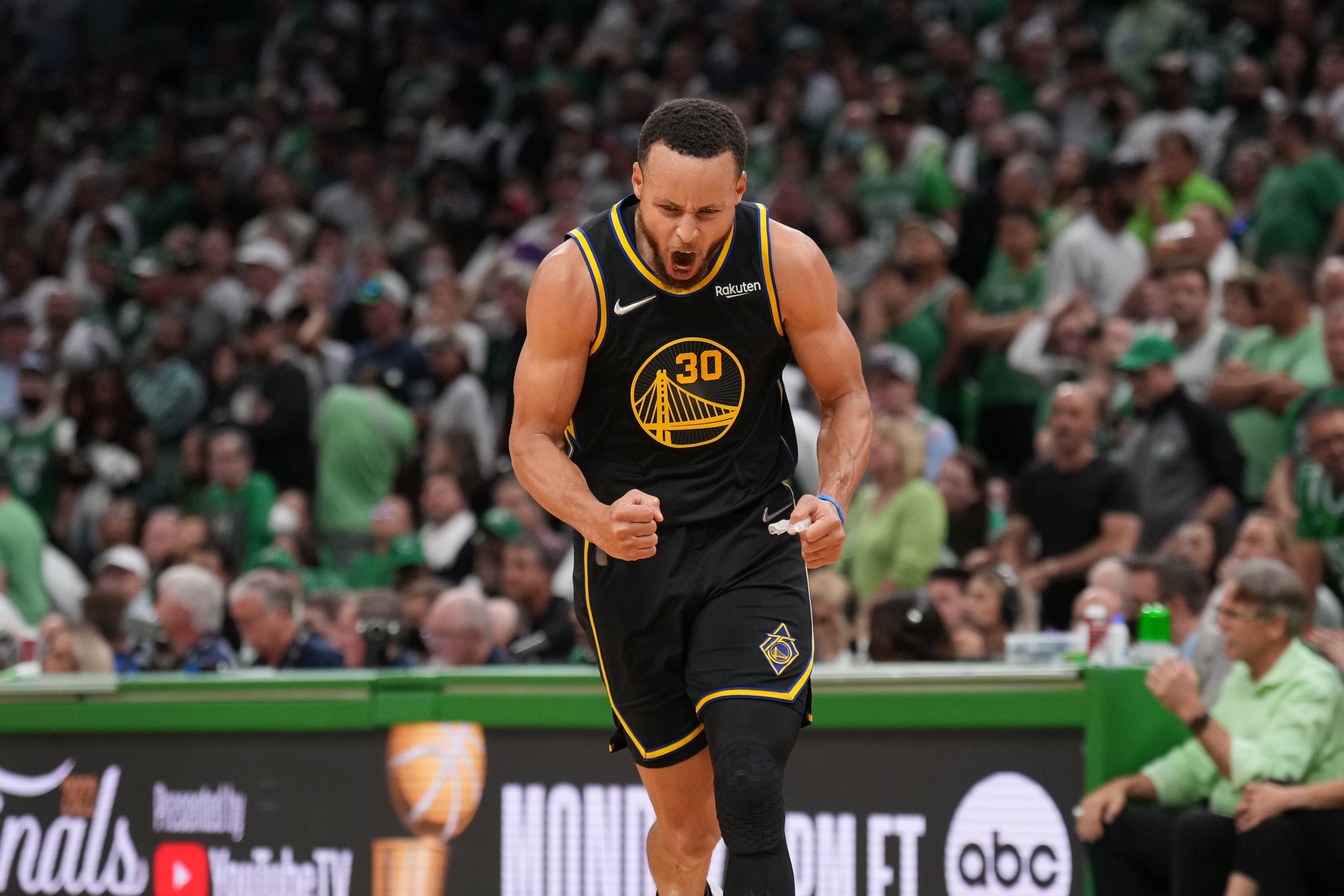 BOSTON, MA - JUNE 10: Stephen Curry #30 of the Golden State Warriors celebrates during Game Four of the 2022 NBA Finals on June 10, 2022 at TD Garden in Boston, Massachusetts. NOTE TO USER: User expressly acknowledges and agrees that, by downloading and or using this photograph, user is consenting to the terms and conditions of Getty Images License Agreement. Mandatory Copyright Notice: Copyright 2022 NBAE (Photo by Jesse D. GarrabrantNBAE via Getty Images)
