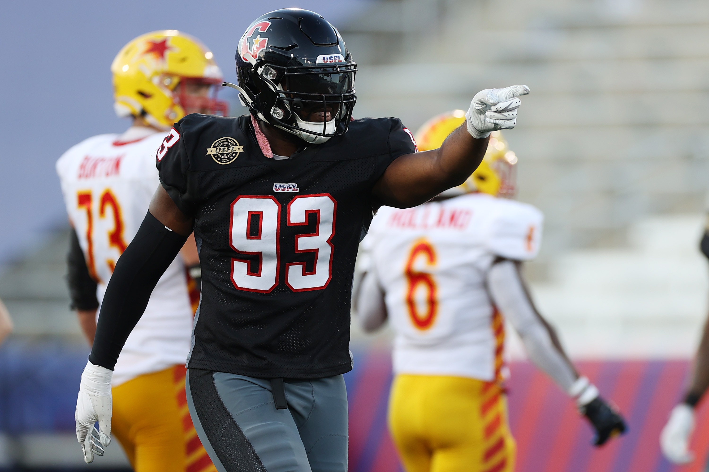 BIRMINGHAM, ALABAMA - MAY 29: Chris Odom #93 of the Houston Gamblers reacts in the third quarter of the game against the Philadelphia Stars at Protective Stadium on May 29, 2022 in Birmingham, Alabama. (Photo by Donald Page/USFL/Getty Images)