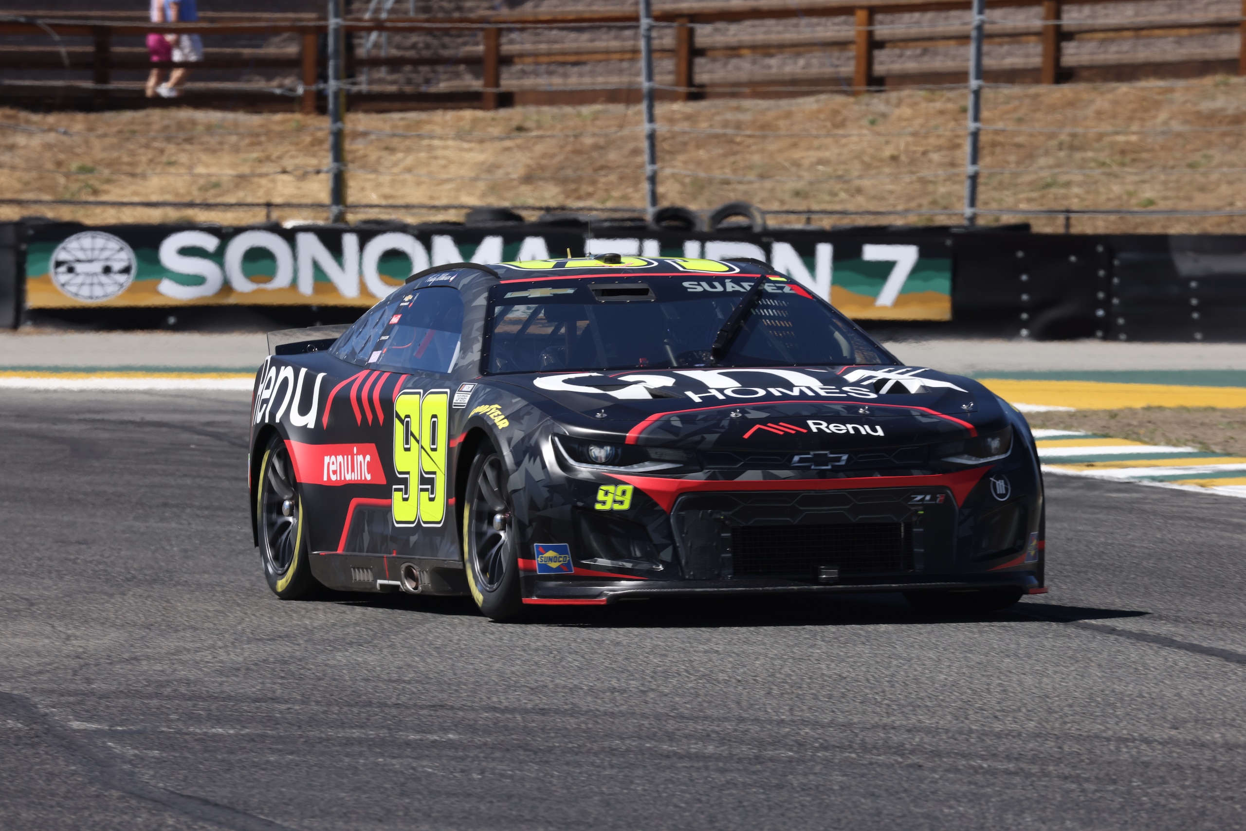 SONOMA, CA - JUNE 11: Daniel Suarez (#99 TrackHouse Racing Onx Homes/Renu Chevrolet) during qualifying for the NASCAR Cup Series Toyota/Save Mart 350 on June 11, 2022, at Sonoma Raceway in Sonoma, CA. (Photo by Matthew Bolt/Sonoma Raceway/Icon Sportswire via Getty Images)
