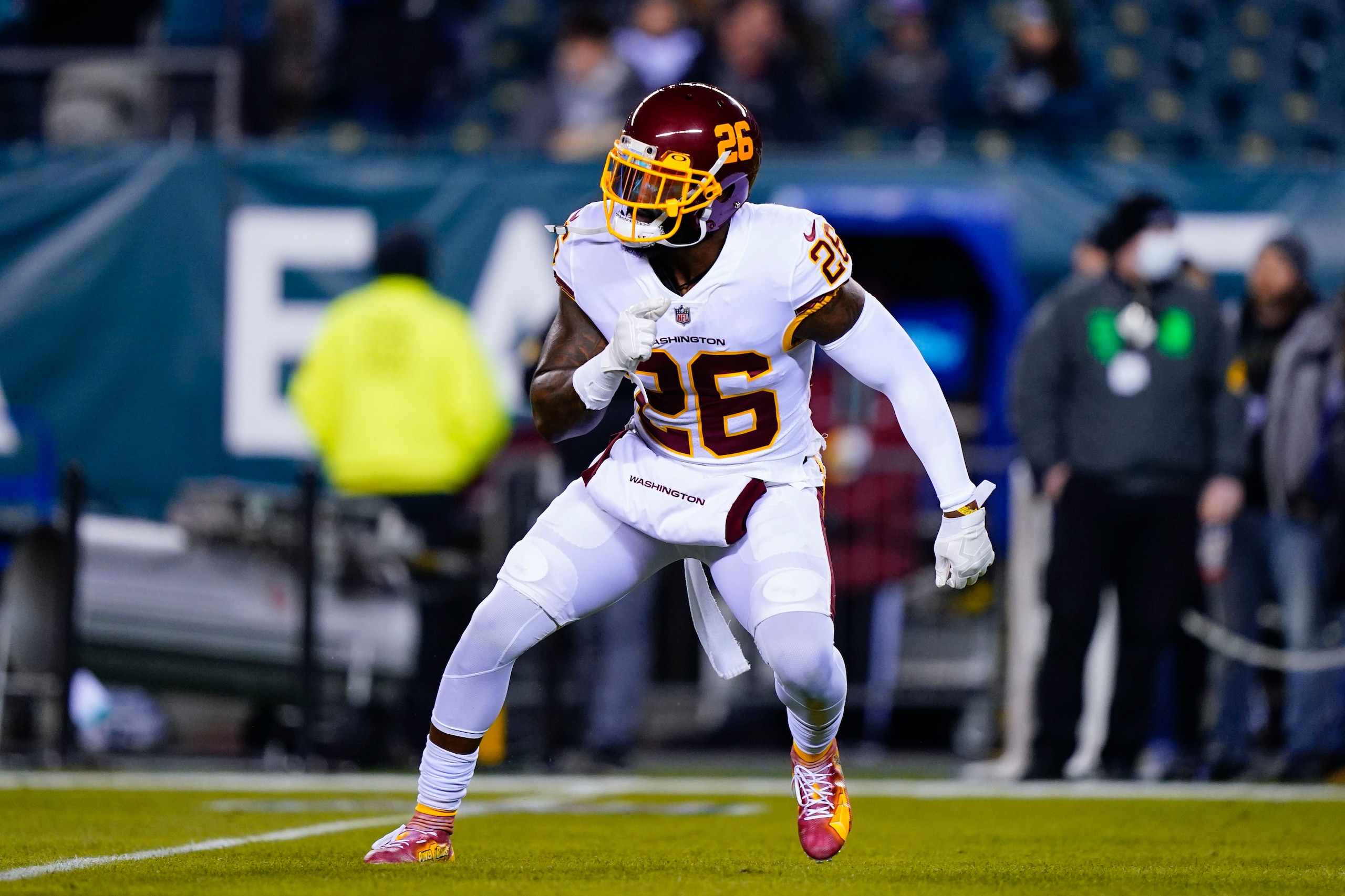 Washington Football Team's Landon Collins warms-up before an NFL football game against the Philadelphia Eagles, Tuesday, Dec. 21, 2021, in Philadelphia. (AP Photo/Matt Rourke)