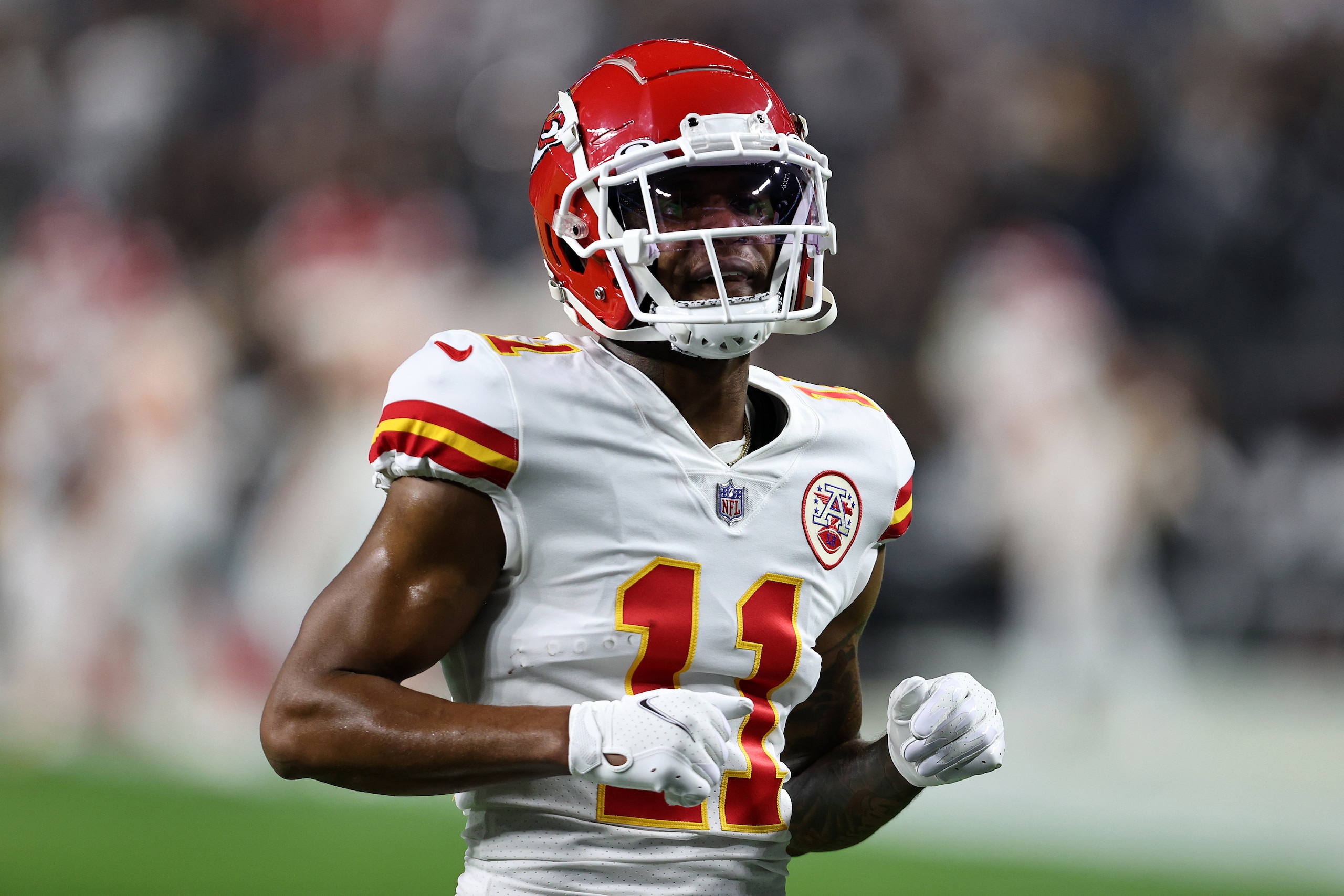 LAS VEGAS, NEVADA - NOVEMBER 14: Demarcus Robinson #11 of the Kansas City Chiefs warms up prior to  a game against the Las Vegas Raiders at Allegiant Stadium on November 14, 2021 in Las Vegas, Nevada. (Photo by Sean M. Haffey/Getty Images)