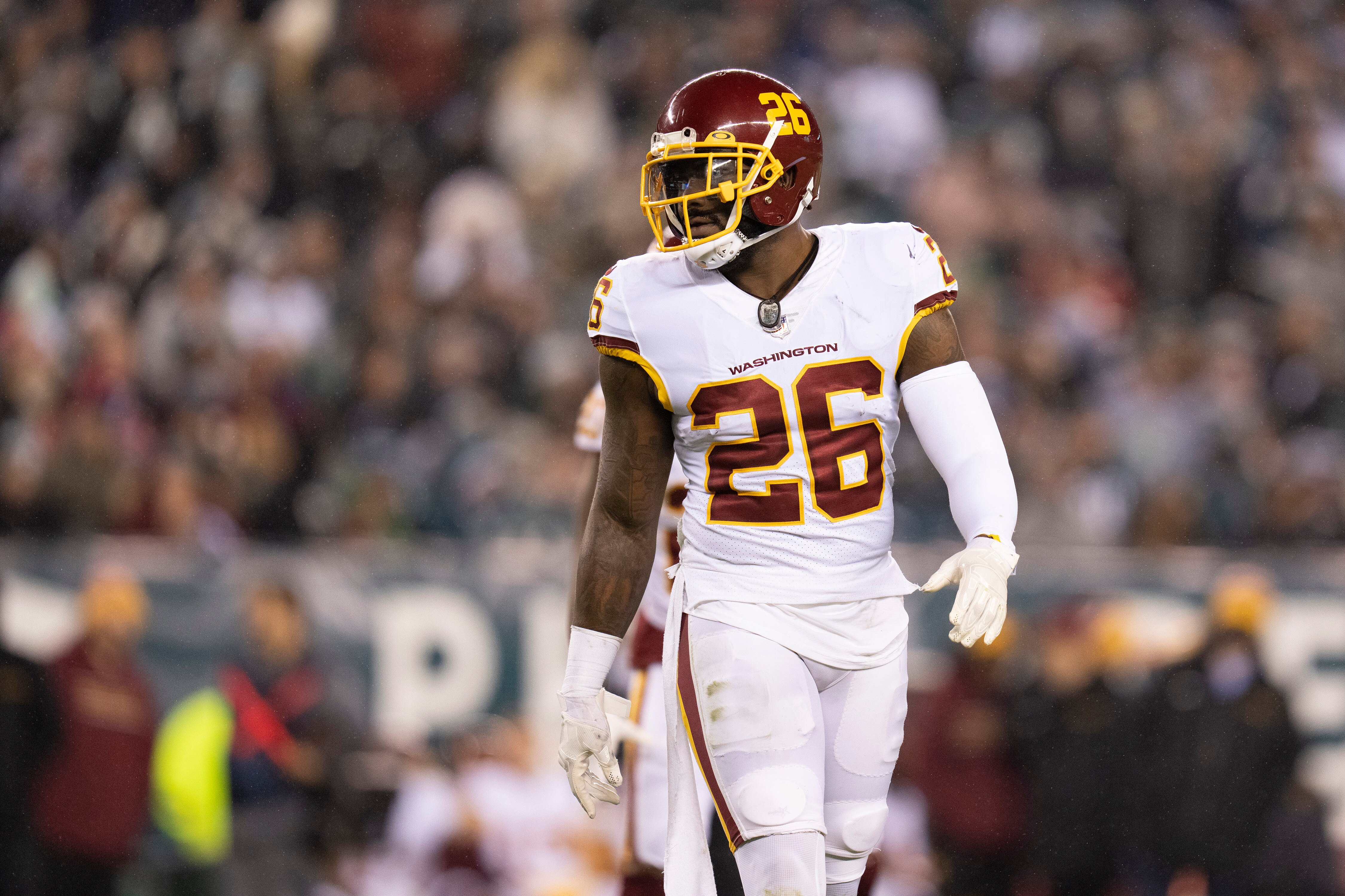 PHILADELPHIA, PA - DECEMBER 21: Landon Collins #26 of the Washington Football Team looks on against the Philadelphia Eagles at Lincoln Financial Field on December 21, 2021 in Philadelphia, Pennsylvania. (Photo by Mitchell Leff/Getty Images)
