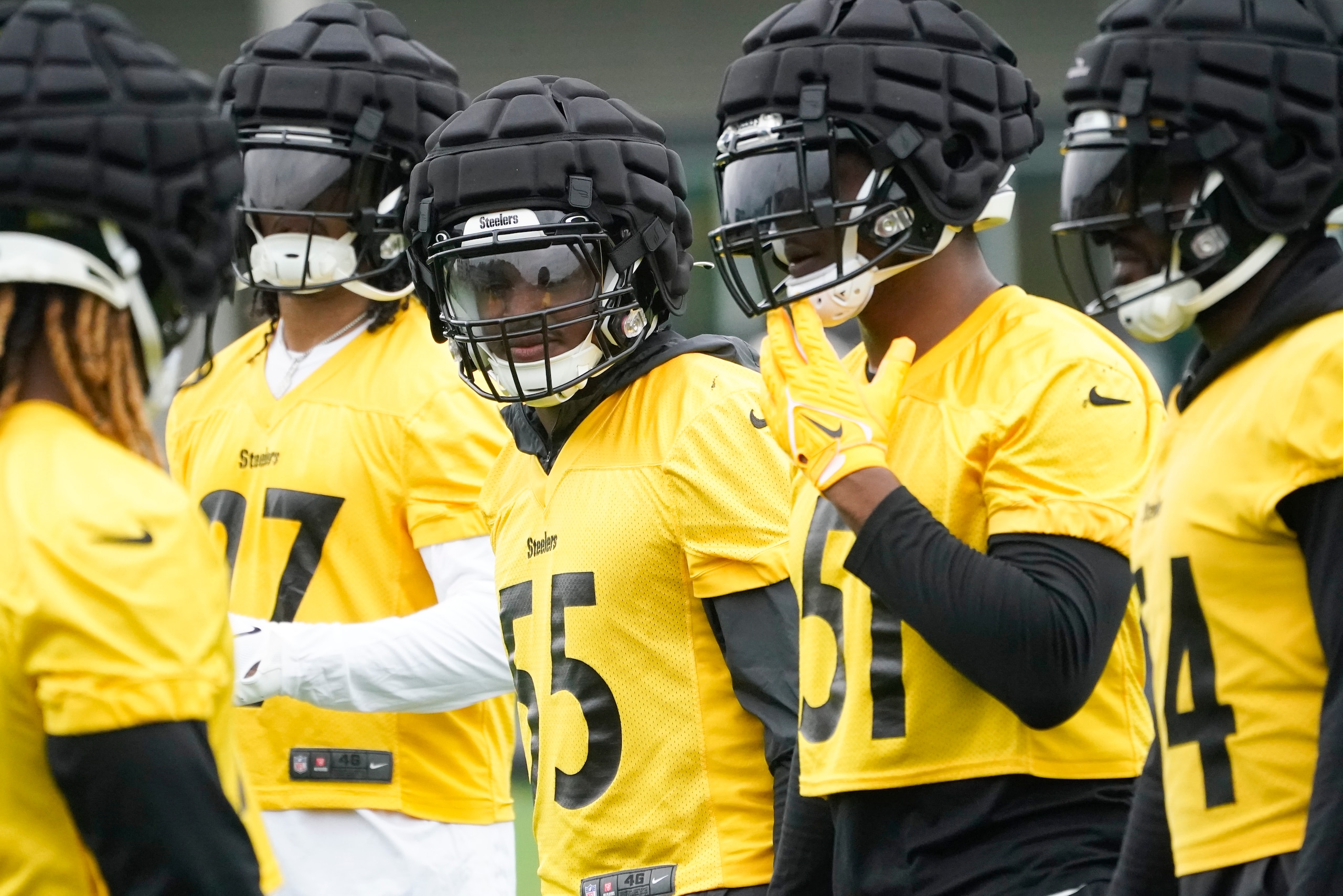 Pittsburgh Steelers linebackers Devin Bush (55) and Myles Jack (51) go through drills during their NFL football practice, Tuesday, June 7, 2022, in Pittsburgh. (AP Photo/Keith Srakocic)