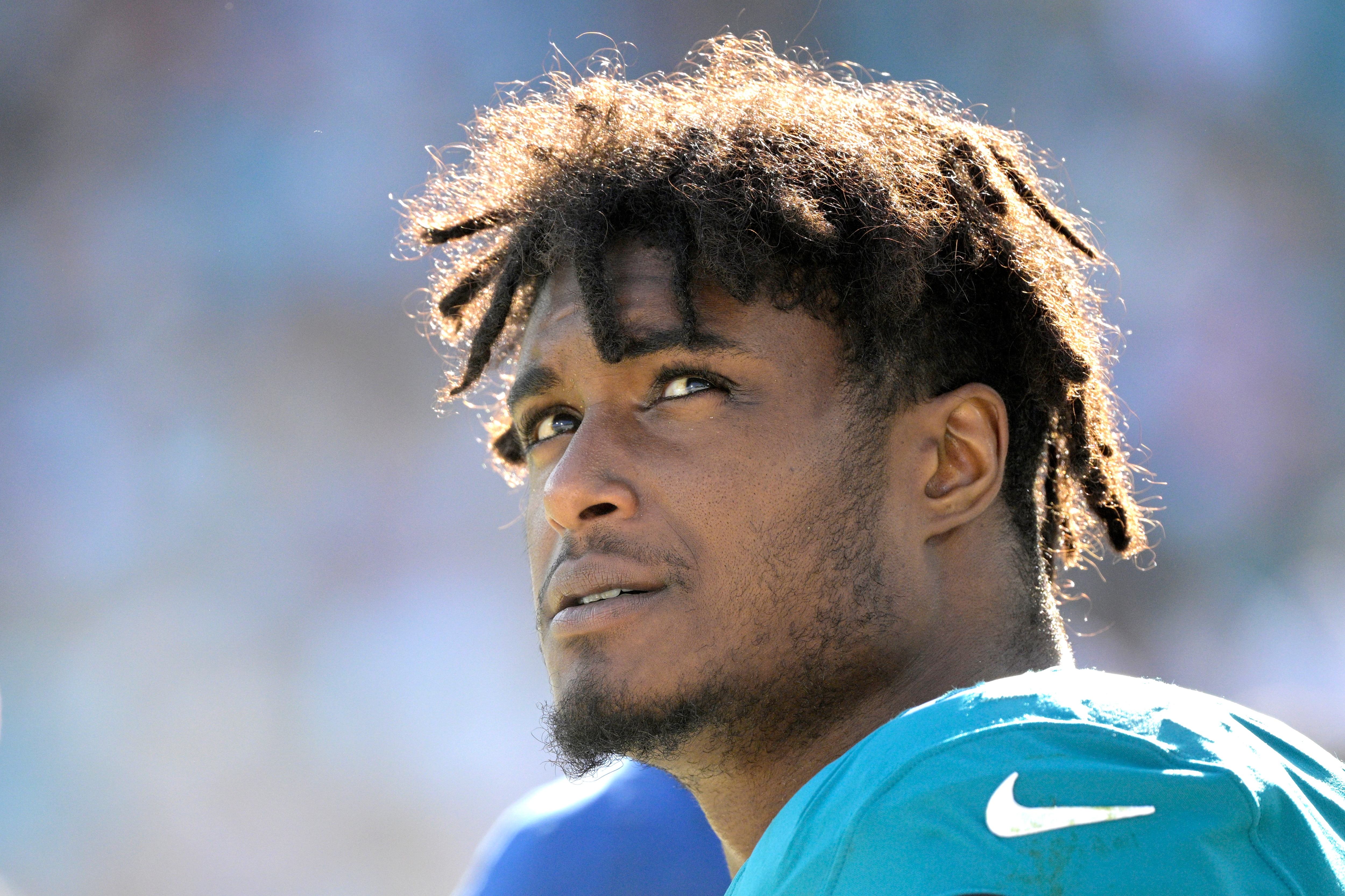 Jacksonville Jaguars outside linebacker Myles Jack watches from the sideline during the second half of an NFL football game against the Indianapolis Colts, Sunday, Jan. 9, 2022, in Jacksonville, Fla. (AP Photo/Phelan M. Ebenhack)