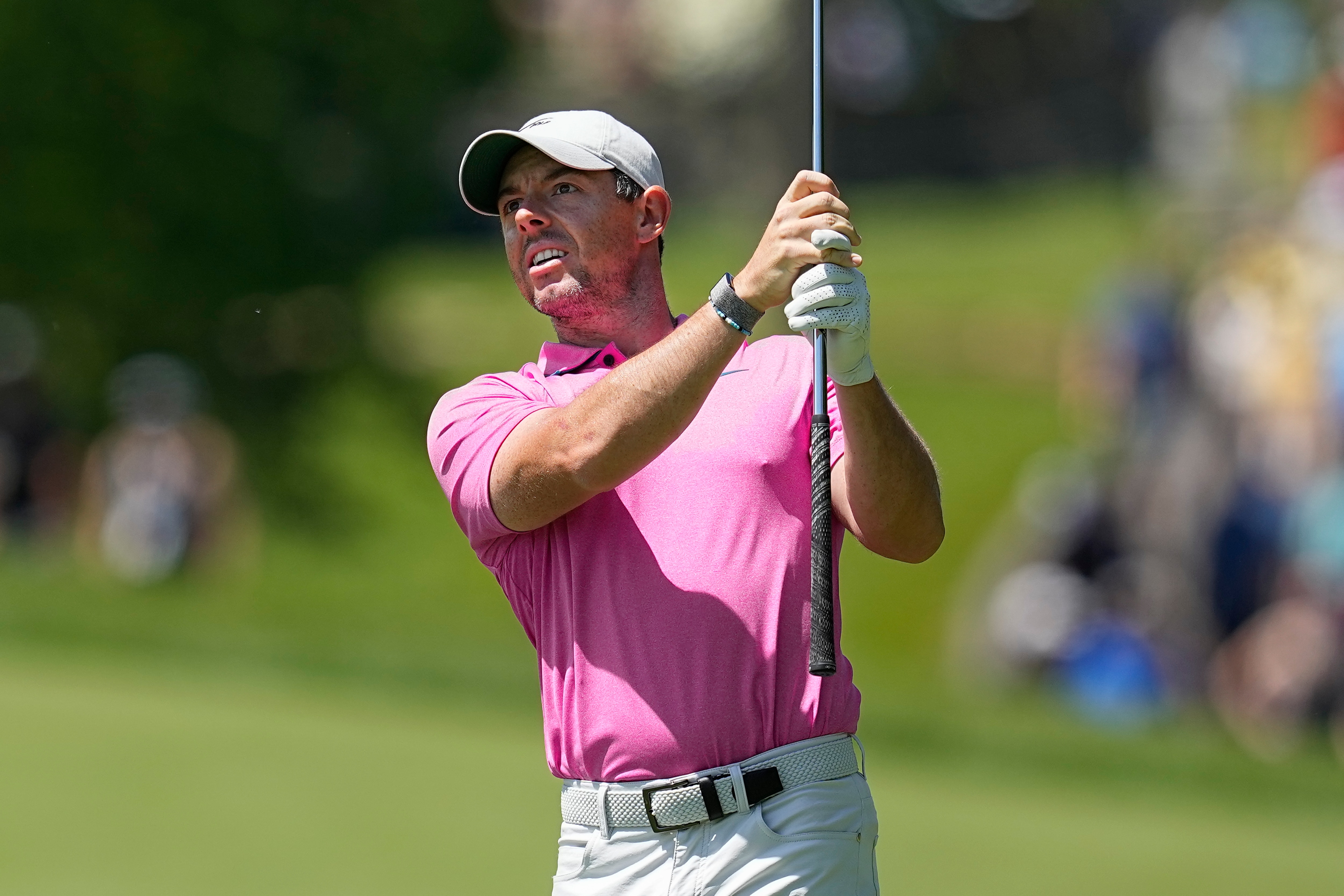 Rory McIlroy, of Northern Ireland, hits from the first fairway during the final round of the Memorial golf tournament Sunday, June 5, 2022, in Dublin, Ohio. (AP Photo/Darron Cummings)