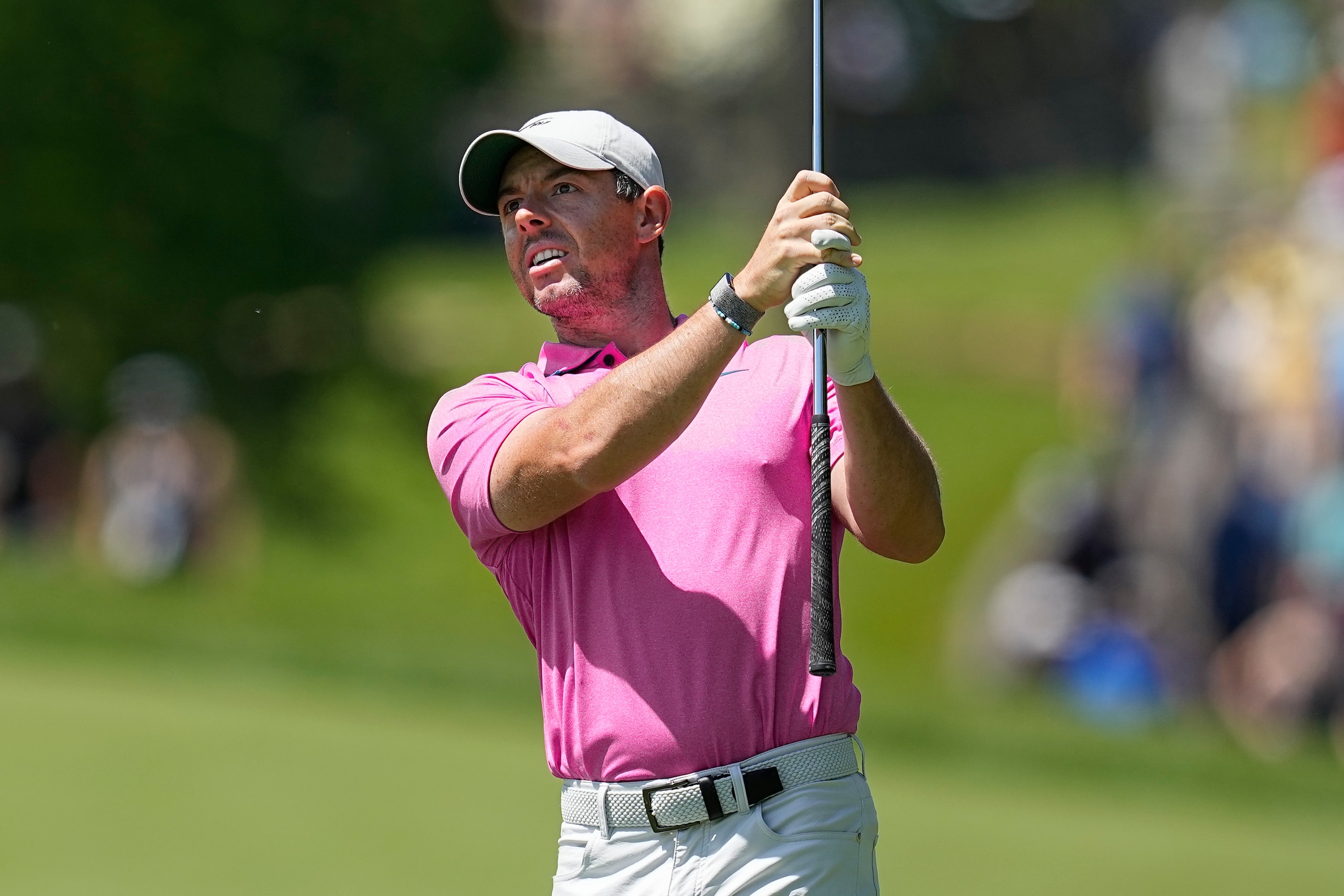 Rory McIlroy, of Northern Ireland, hits from the first fairway during the final round of the Memorial golf tournament Sunday, June 5, 2022, in Dublin, Ohio. (AP Photo/Darron Cummings)