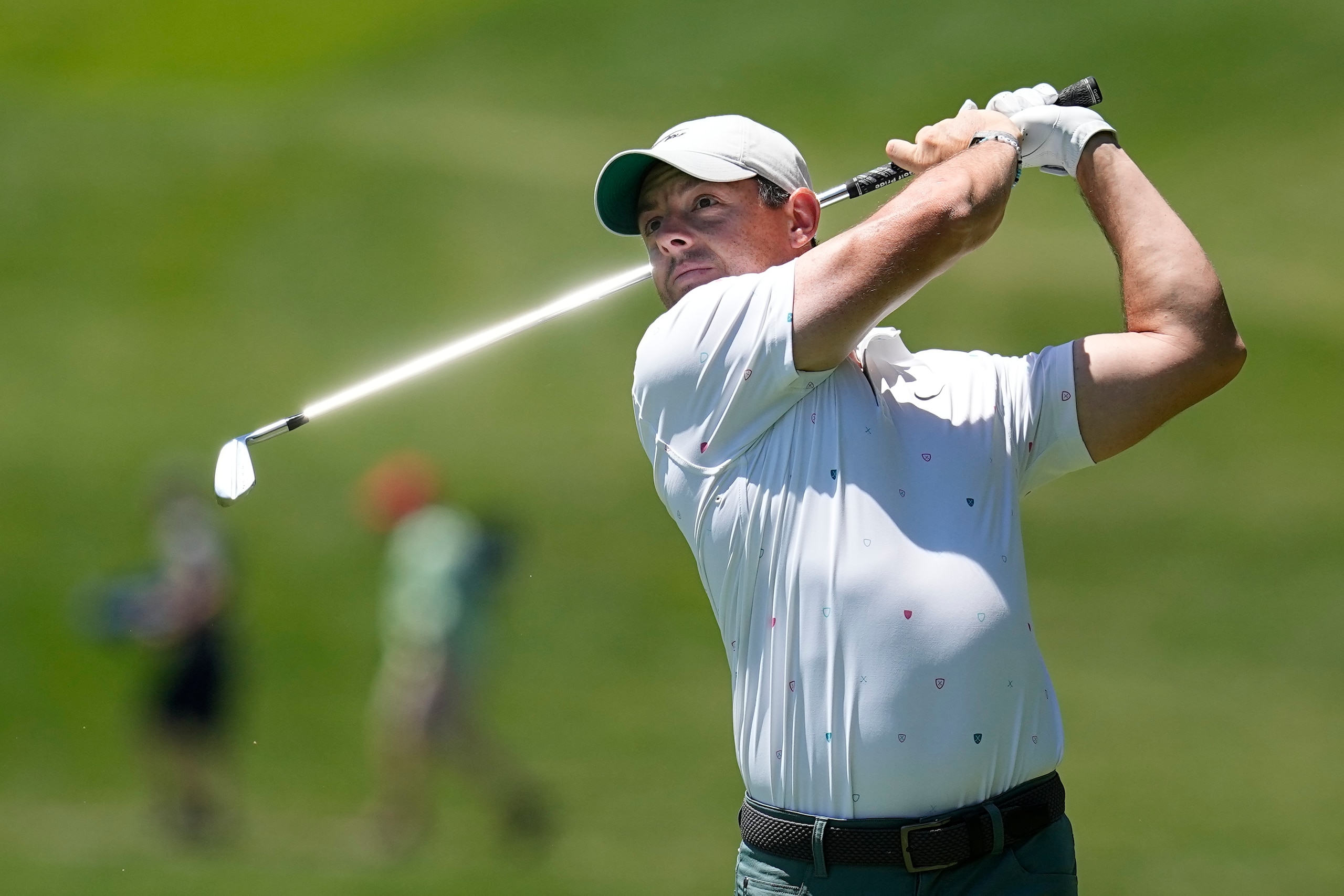 Rory McIlroy, of Northern Ireland, hits from the first fairway during the third round of the Memorial golf tournament Saturday, June 4, 2022, in Dublin, Ohio. (AP Photo/Darron Cummings)