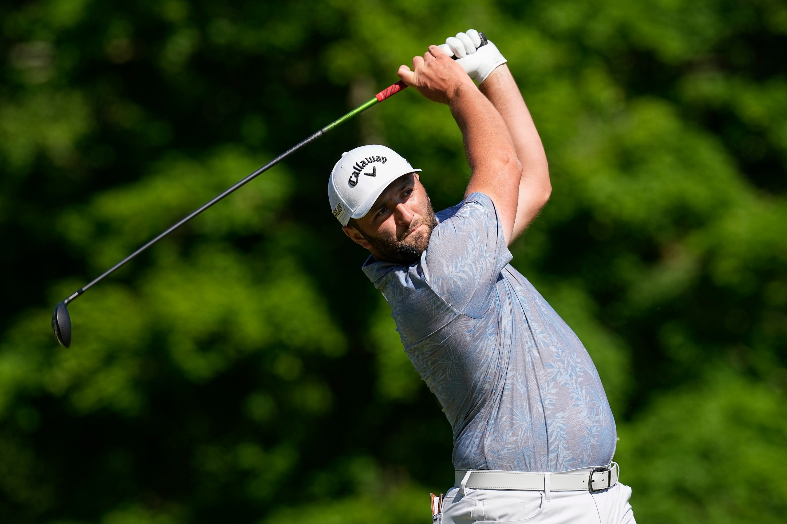 Jon Rahm, of Spain, hits from the 18th tee during the second round of the Memorial golf tournament Friday, June 3, 2022, in Dublin, Ohio. (AP Photo/Darron Cummings)