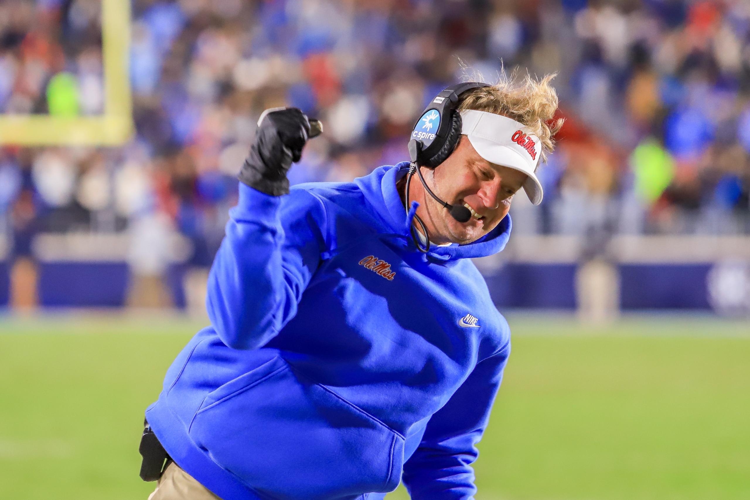 OXFORD, MS - NOVEMBER 13: Ole Miss head coach Lane Kiffin celebrates after a touchdown during the game between the Ole Miss Rebels and the Texas A&M Aggies on November 13, 2021, at Vaught-Hemingway Stadiumin Oxford, Ms. (Photo by Chris McDill/Icon Sportswire via Getty Images)