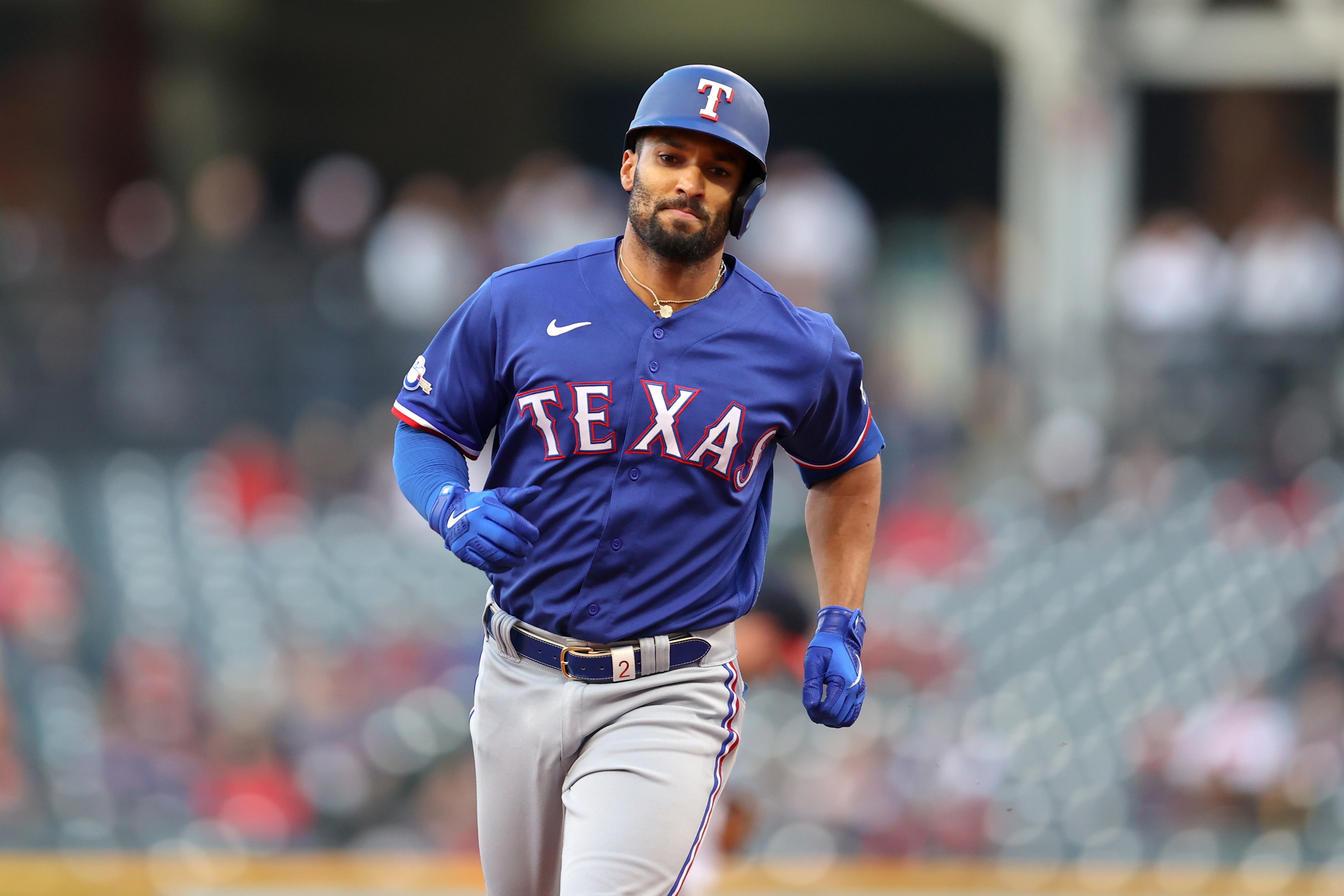 CLEVELAND, OH - JUNE 07: Texas Rangers second baseman Marcus Semien (2) rounds the bases after hitting a home run during the third inning of game 2 of the the Major League Baseball doubleheader between the Texas Rangers and Cleveland Guardinas on June 7, 2022, at Progressive Field in Cleveland, OH. (Photo by Frank Jansky/Icon Sportswire via Getty Images)