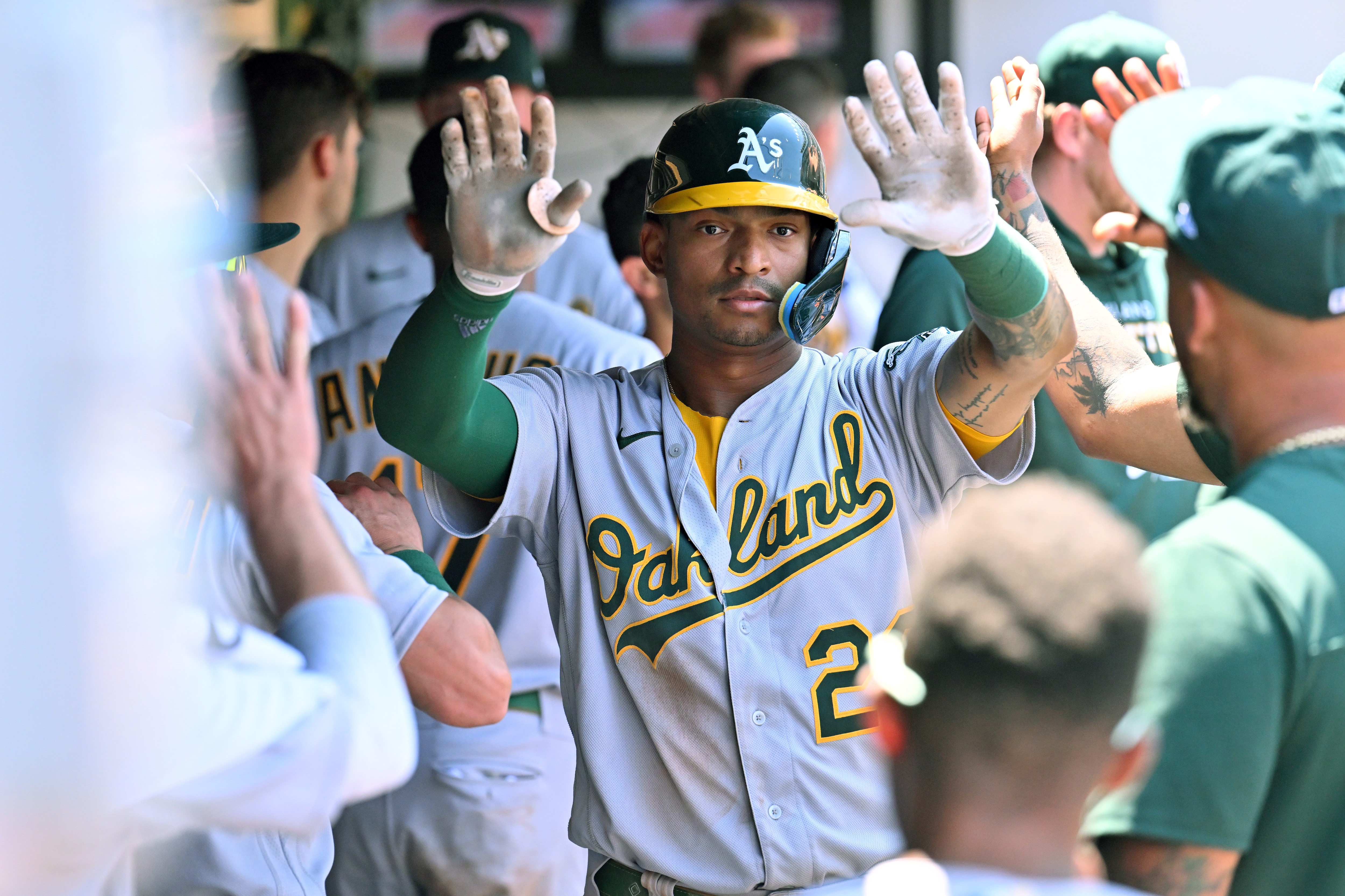 CLEVELAND, OHIO - JUNE 12: Christian Bethancourt #23 of the Oakland Athletics celebrates after hitting a solo homer during the eighth inning against the Cleveland Guardians at Progressive Field on June 12, 2022 in Cleveland, Ohio. (Photo by Jason Miller/Getty Images)