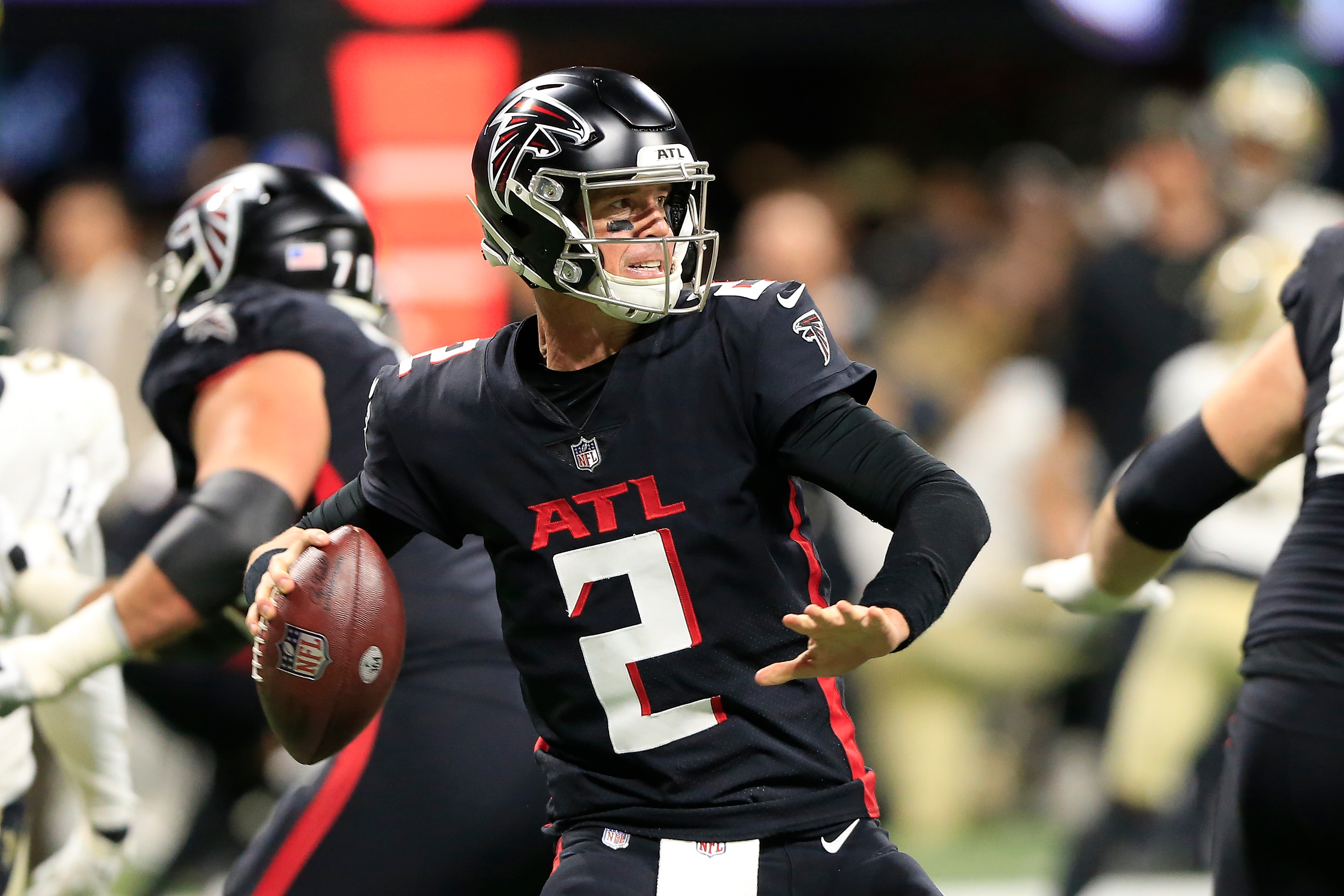 ATLANTA, GA - JANUARY 09: Atlanta Falcons Quarterback Matt Ryan (2) passes during the second half of the final NFL regular season game between the Atlanta Falcons and the New Orleans Saints on January 9, 2022 at Mercedes-Benz Stadium in Atlanta, Georgia.   (Photo by David J. Griffin/Icon Sportswire via Getty Images)