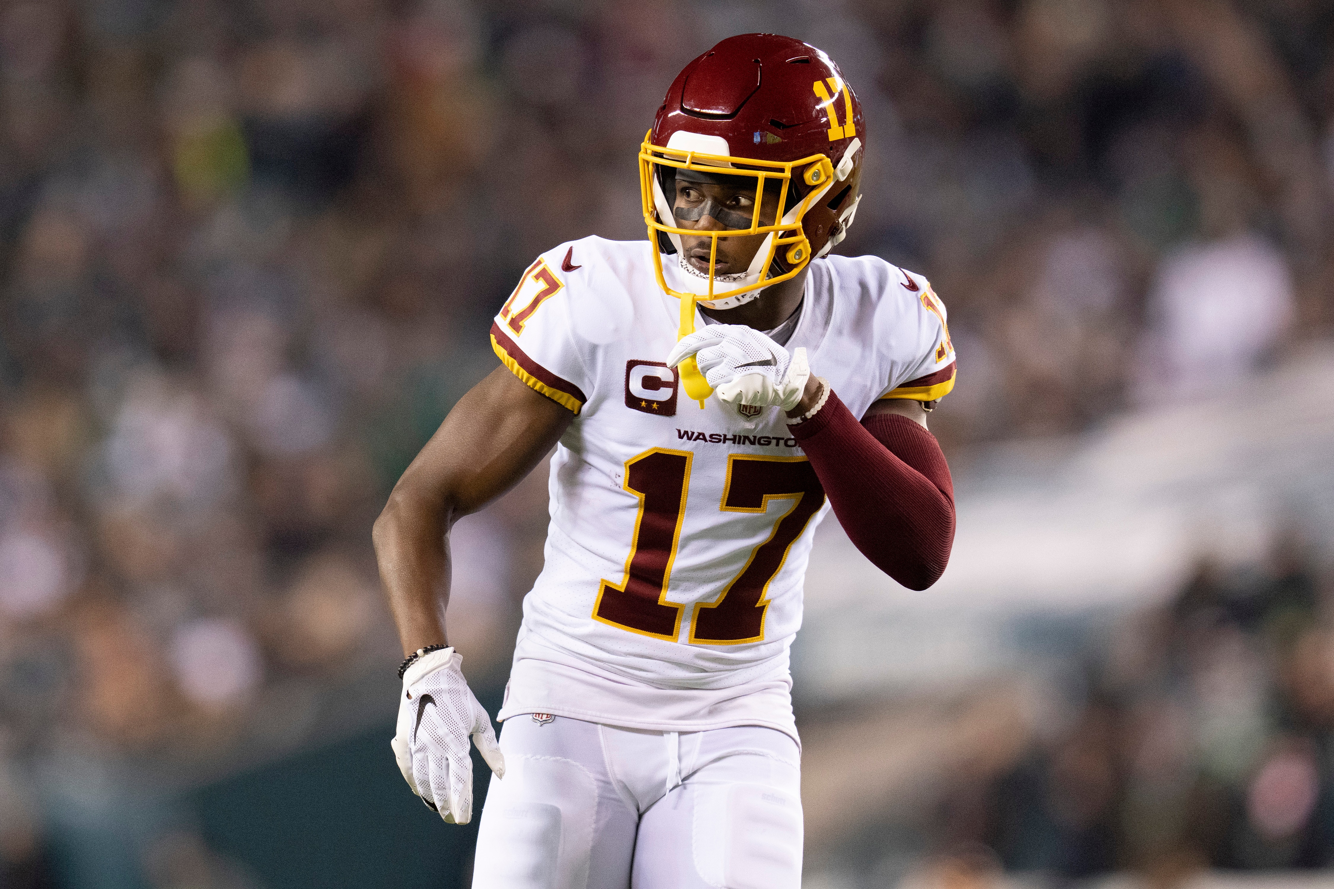 PHILADELPHIA, PA - DECEMBER 21: Terry McLaurin #17 of the Washington Football Team looks on against the Philadelphia Eagles at Lincoln Financial Field on December 21, 2021 in Philadelphia, Pennsylvania. (Photo by Mitchell Leff/Getty Images)