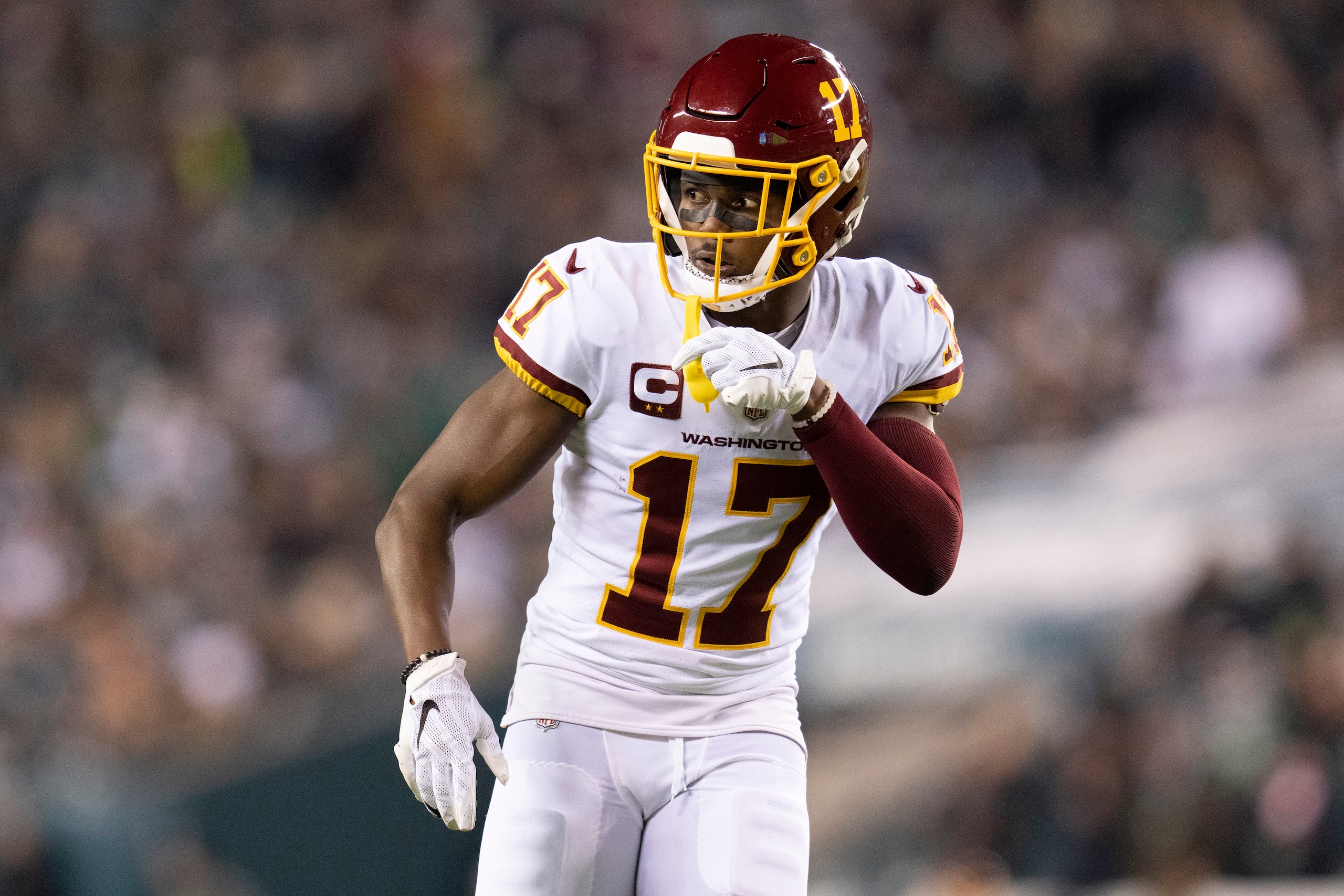PHILADELPHIA, PA - DECEMBER 21: Terry McLaurin #17 of the Washington Football Team looks on against the Philadelphia Eagles at Lincoln Financial Field on December 21, 2021 in Philadelphia, Pennsylvania. (Photo by Mitchell Leff/Getty Images)