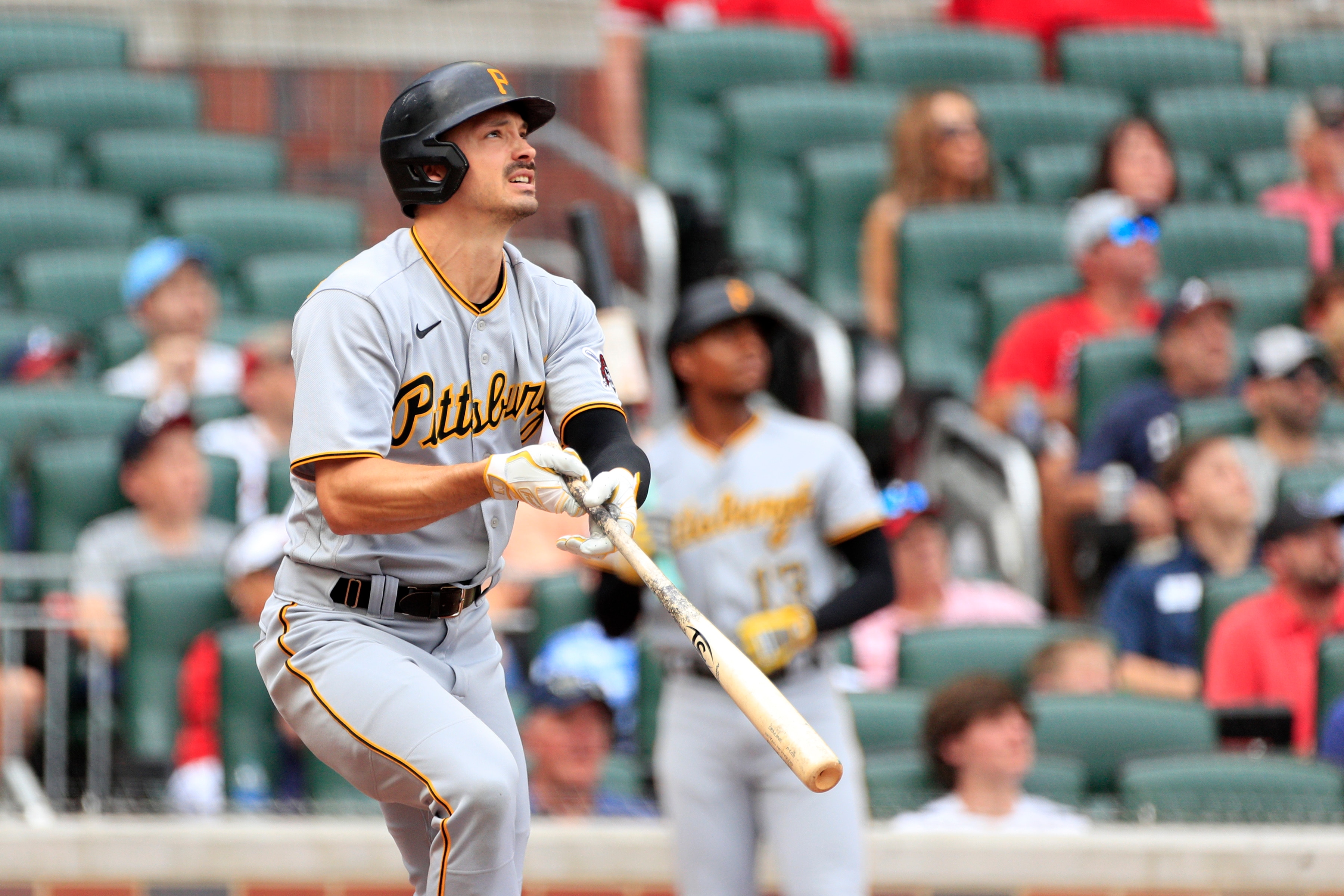 ATLANTA, GA - JUNE 11: Bryan Reynolds (10) center fielder of the Pittsburgh Pirates reacts after hitting a home run during the MLB game between the Atlanta Braves and the Pittsburgh Pirates on June 11, 2022 at Truist Park in Atlanta, GA. (Photo by Jeff Robinson/Icon Sportswire via Getty Images)