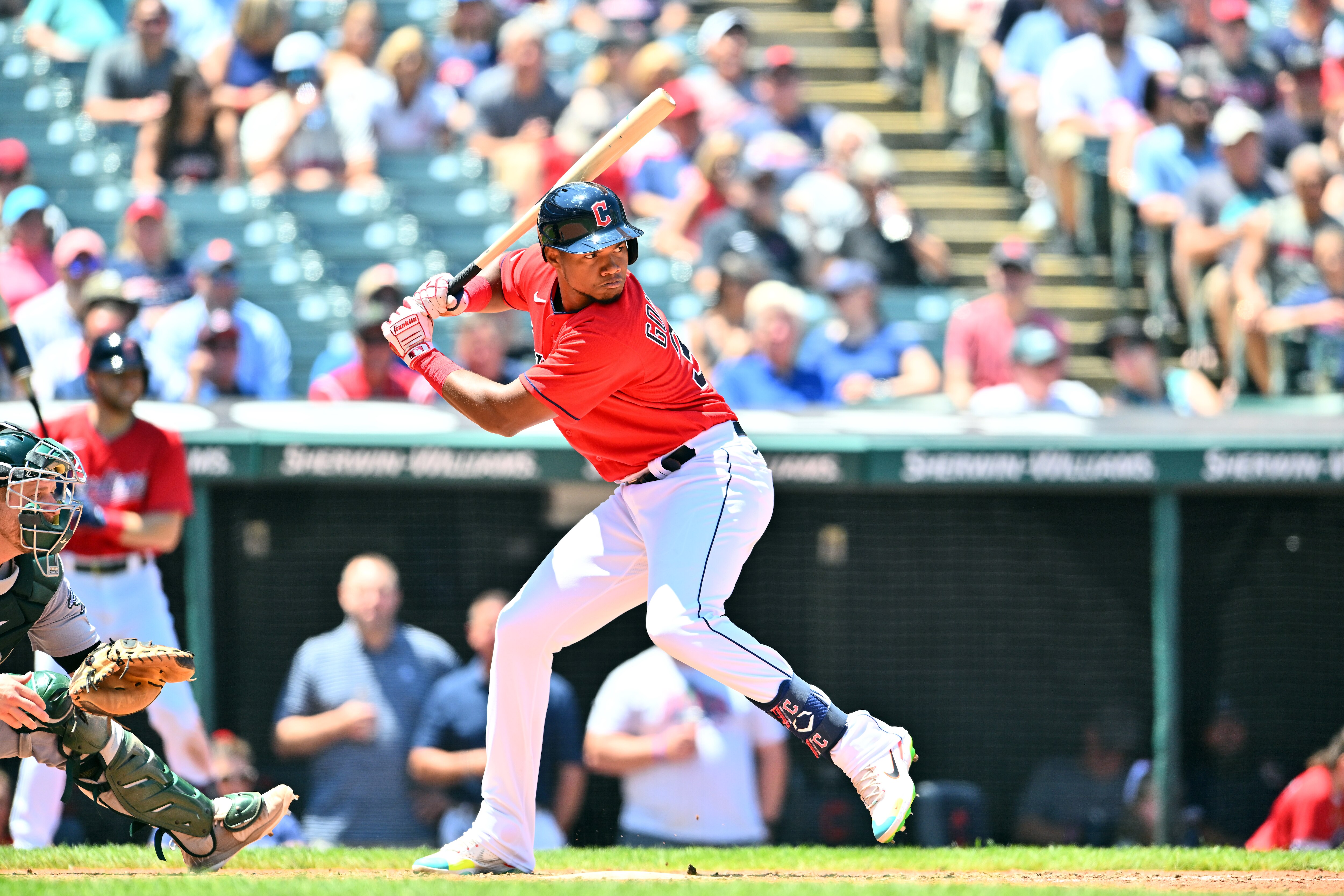 CLEVELAND, OHIO - JUNE 12: Oscar Gonzalez #39 of the Cleveland Guardians at bat during the sixth inning against the Oakland Athletics at Progressive Field on June 12, 2022 in Cleveland, Ohio. (Photo by Jason Miller/Getty Images)