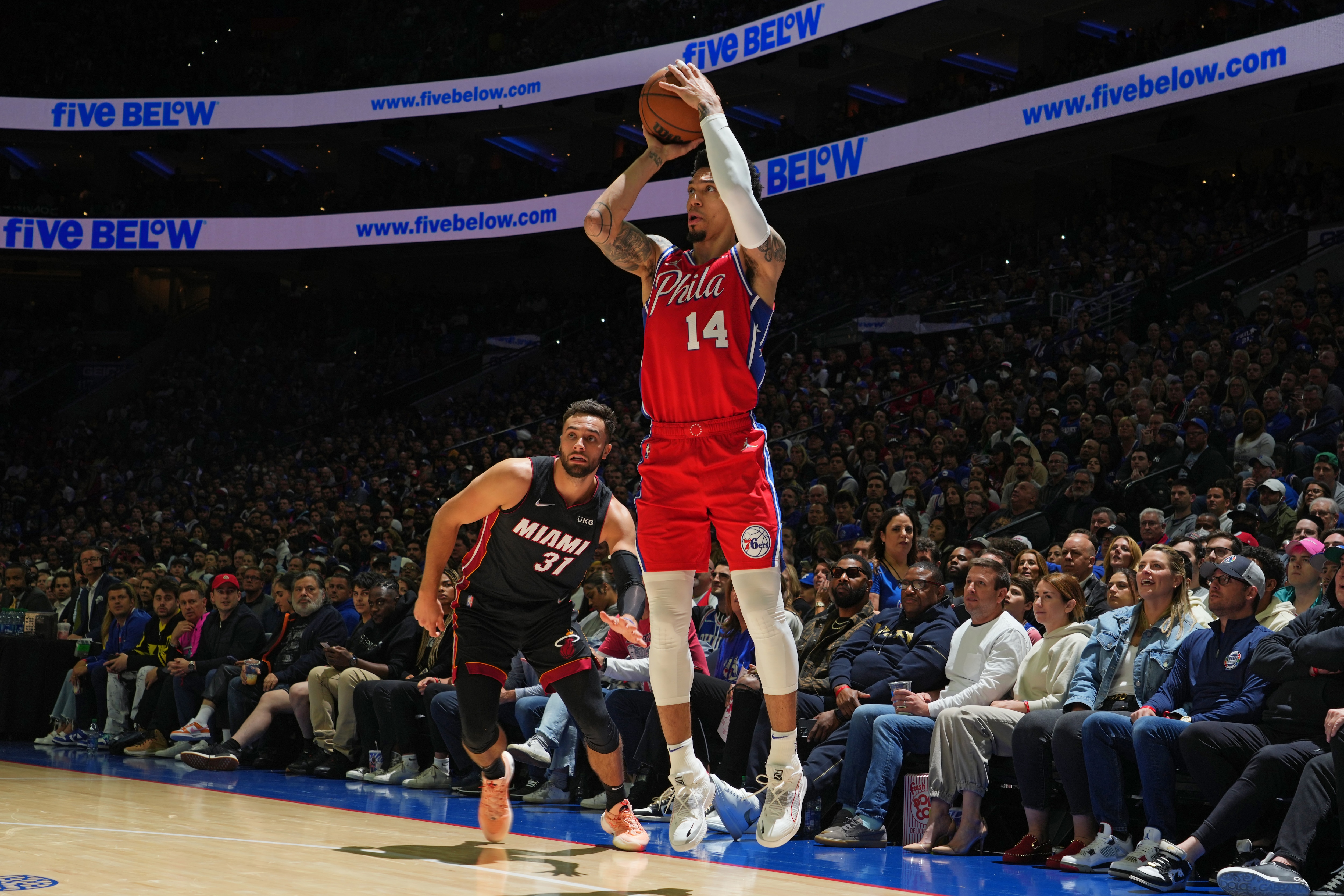 PHILADELPHIA, PA - MAY 8: Danny Green #14 of the Philadelphia 76ers shoots a three-pointer against the Miami Heat during Game 4 of the 2022 NBA Playoffs Eastern Conference Semifinals on May 8, 2022 at Wells Fargo Center in Philadelphia, Pennsylvania. NOTE TO USER: User expressly acknowledges and agrees that, by downloading and/or using this Photograph, user is consenting to the terms and conditions of the Getty Images License Agreement. Mandatory Copyright Notice: Copyright 2022 NBAE (Photo by Jesse D. Garrabrant/NBAE via Getty Images)