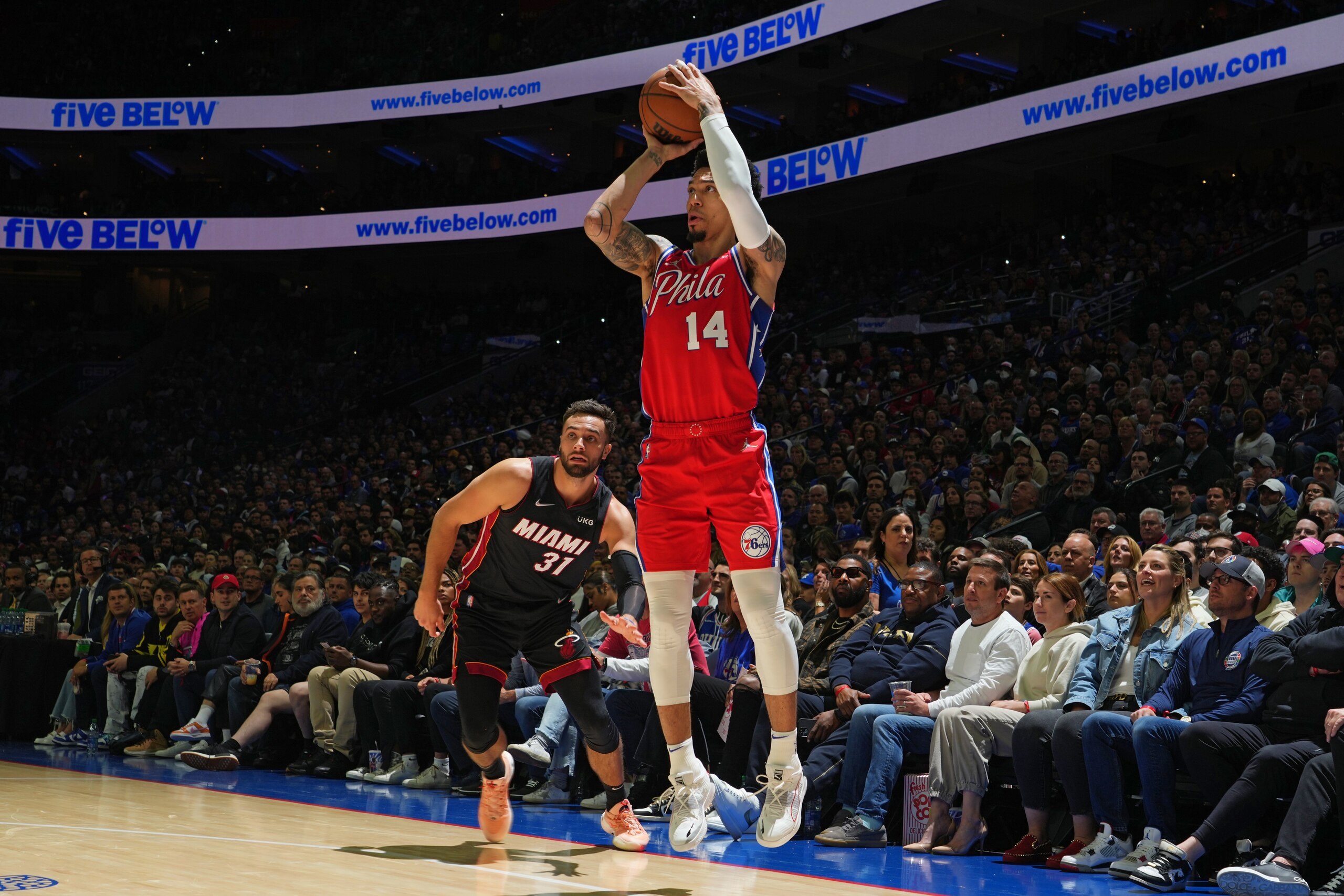 PHILADELPHIA, PA - MAY 8: Danny Green #14 of the Philadelphia 76ers shoots a three-pointer against the Miami Heat during Game 4 of the 2022 NBA Playoffs Eastern Conference Semifinals on May 8, 2022 at Wells Fargo Center in Philadelphia, Pennsylvania. NOTE TO USER: User expressly acknowledges and agrees that, by downloading and/or using this Photograph, user is consenting to the terms and conditions of the Getty Images License Agreement. Mandatory Copyright Notice: Copyright 2022 NBAE (Photo by Jesse D. Garrabrant/NBAE via Getty Images)
