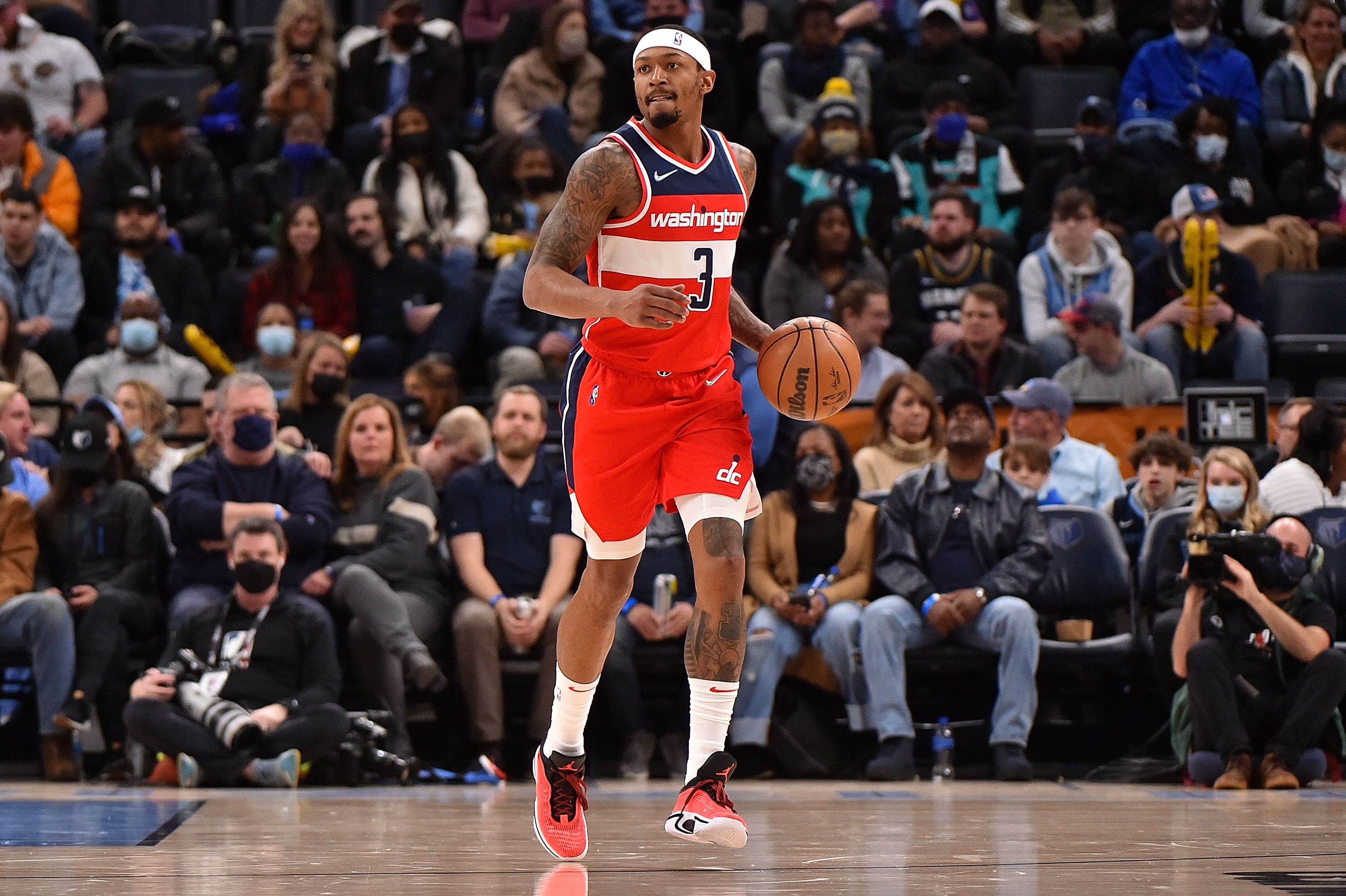 MEMPHIS, TENNESSEE - JANUARY 29: Bradley Beal #3 of the Washington Wizards brings the ball up court during the game against the Memphis Grizzlies at FedExForum on January 29, 2022 in Memphis, Tennessee. NOTE TO USER: User expressly acknowledges and agrees that, by downloading and or using this photograph, User is consenting to the terms and conditions of the Getty Images License Agreement. (Photo by Justin Ford/Getty Images)