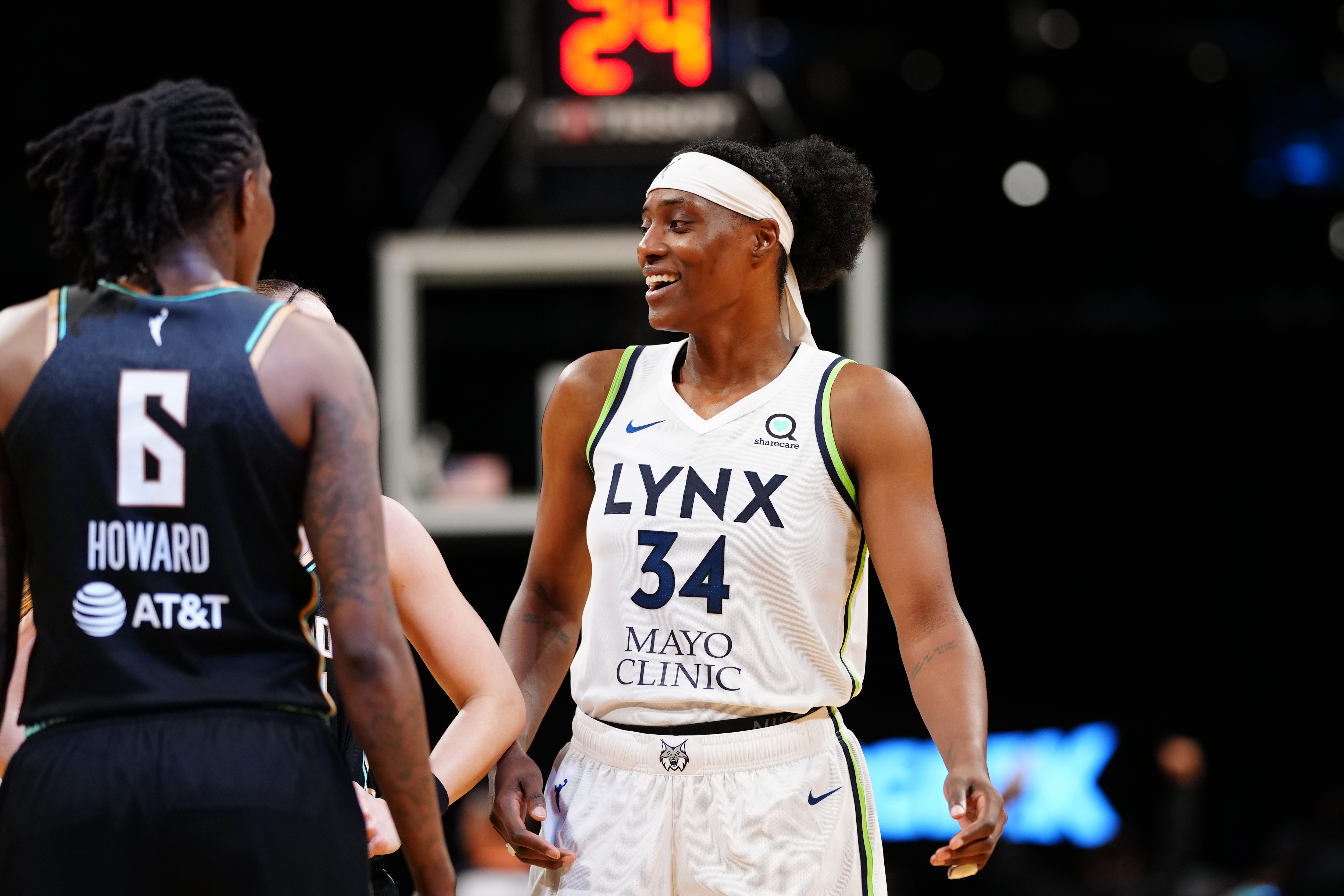 BROOKLYN, NY - JUNE 7: Sylvia Fowles #34 of the Minnesota Lynx smiles during the game against the New York Liberty on June 7, 2022 at the Barclays Center in Brooklyn, New York. NOTE TO USER: User expressly acknowledges and agrees that, by downloading and or using this photograph, user is consenting to the terms and conditions of the Getty Images License Agreement. Mandatory Copyright Notice: Copyright 2022 NBAE (Photo by Evan Yu/NBAE via Getty Images)