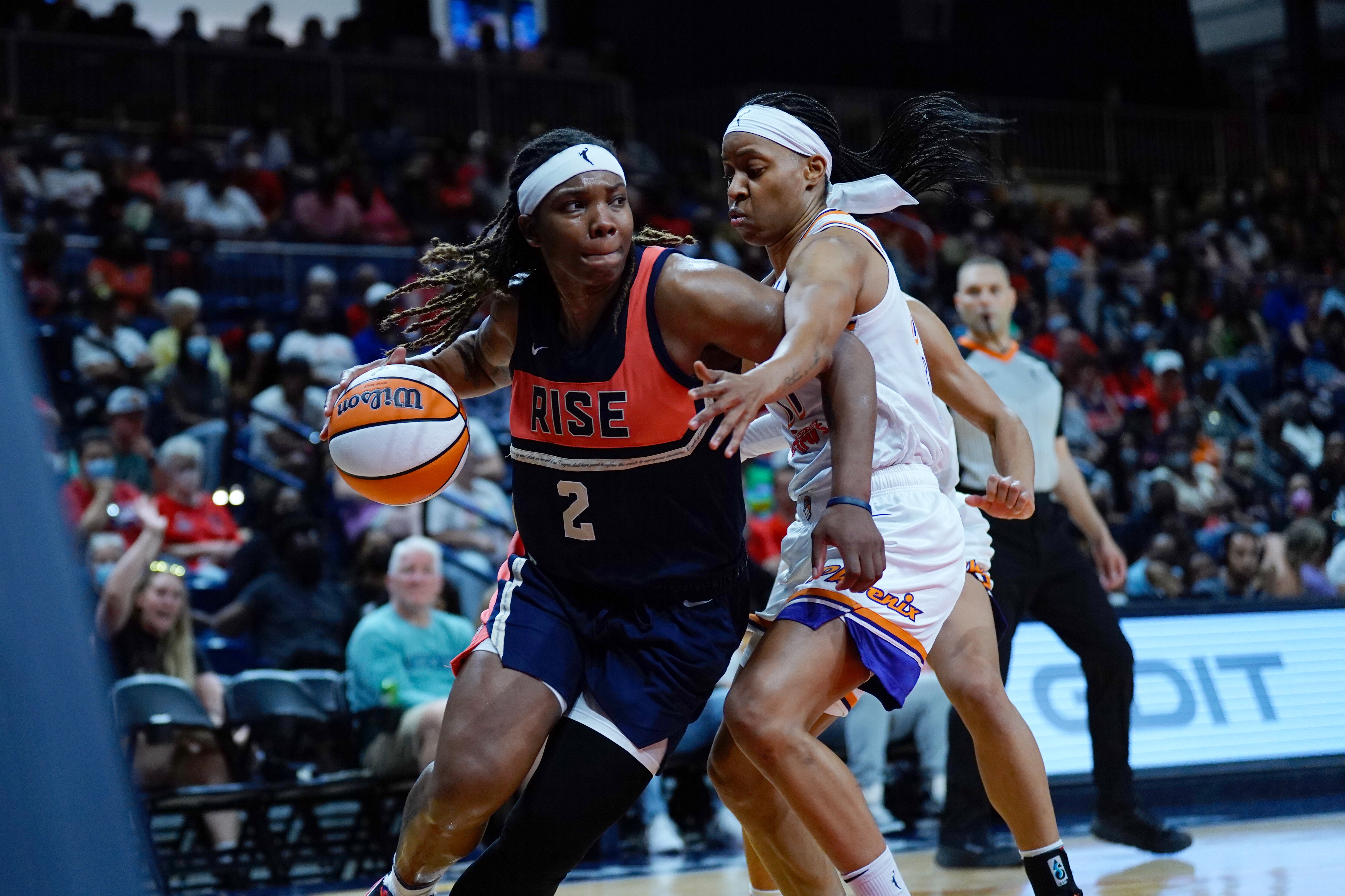 WASHINGTON, DC - JUNE 12: Myisha Hines-Allen #2 of the Washington Mystics drives to the basket during the game against the Phoenix Mercury on June 12, 2022 at Entertainment & Sports Arena in Washington, DC. NOTE TO USER: User expressly acknowledges and agrees that, by downloading and or using this Photograph, user is consenting to the terms and conditions of the Getty Images License Agreement. Mandatory Copyright Notice: Copyright 2022 NBAE (Photo by Mary Kate Ridgway/NBAE via Getty Images)
