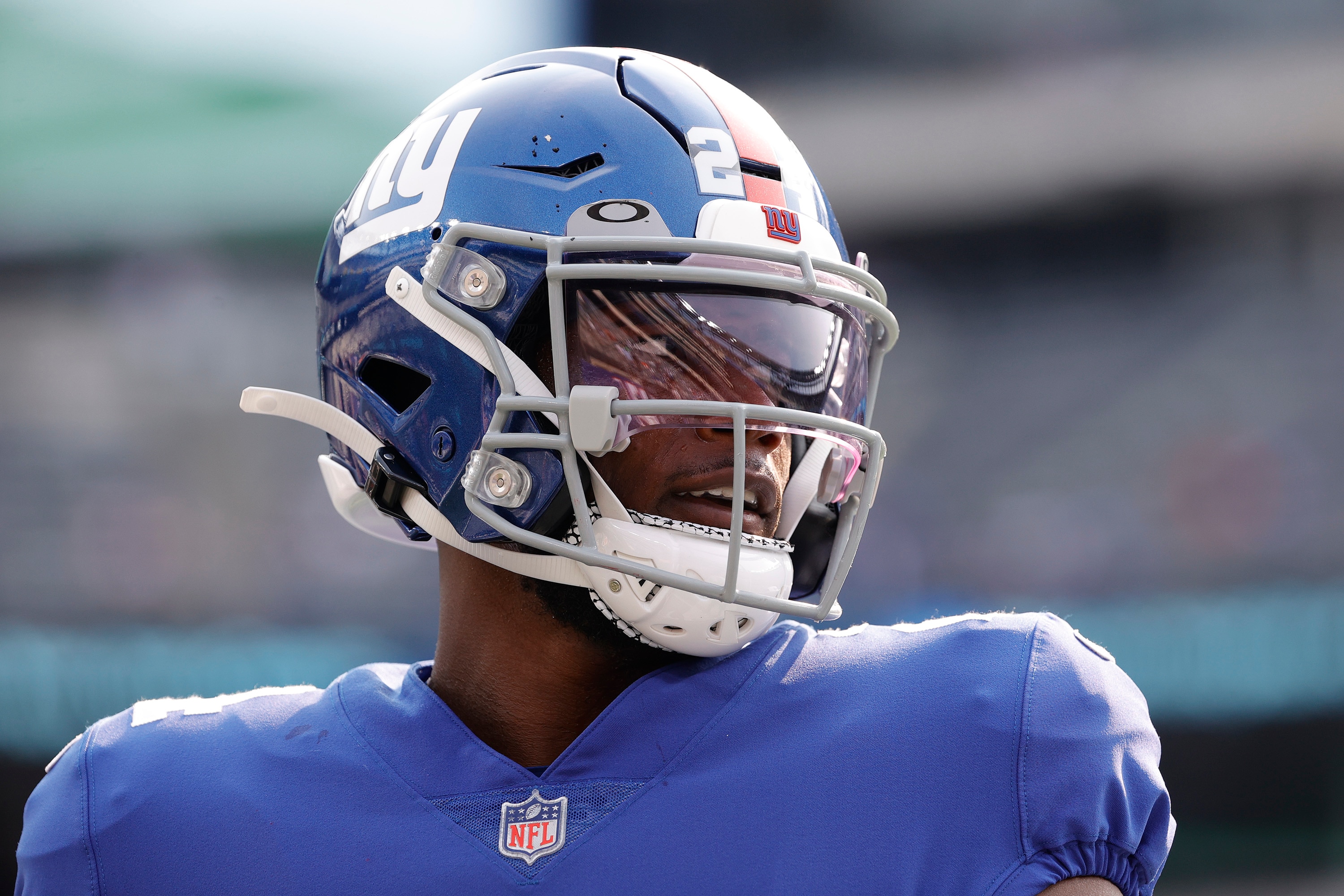 EAST RUTHERFORD, NEW JERSEY - SEPTEMBER 12: James Bradberry #24 of the New York Giants looks on before playing against the Denver Broncos at MetLife Stadium on September 12, 2021 in East Rutherford, New Jersey. (Photo by Tim Nwachukwu/Getty Images)