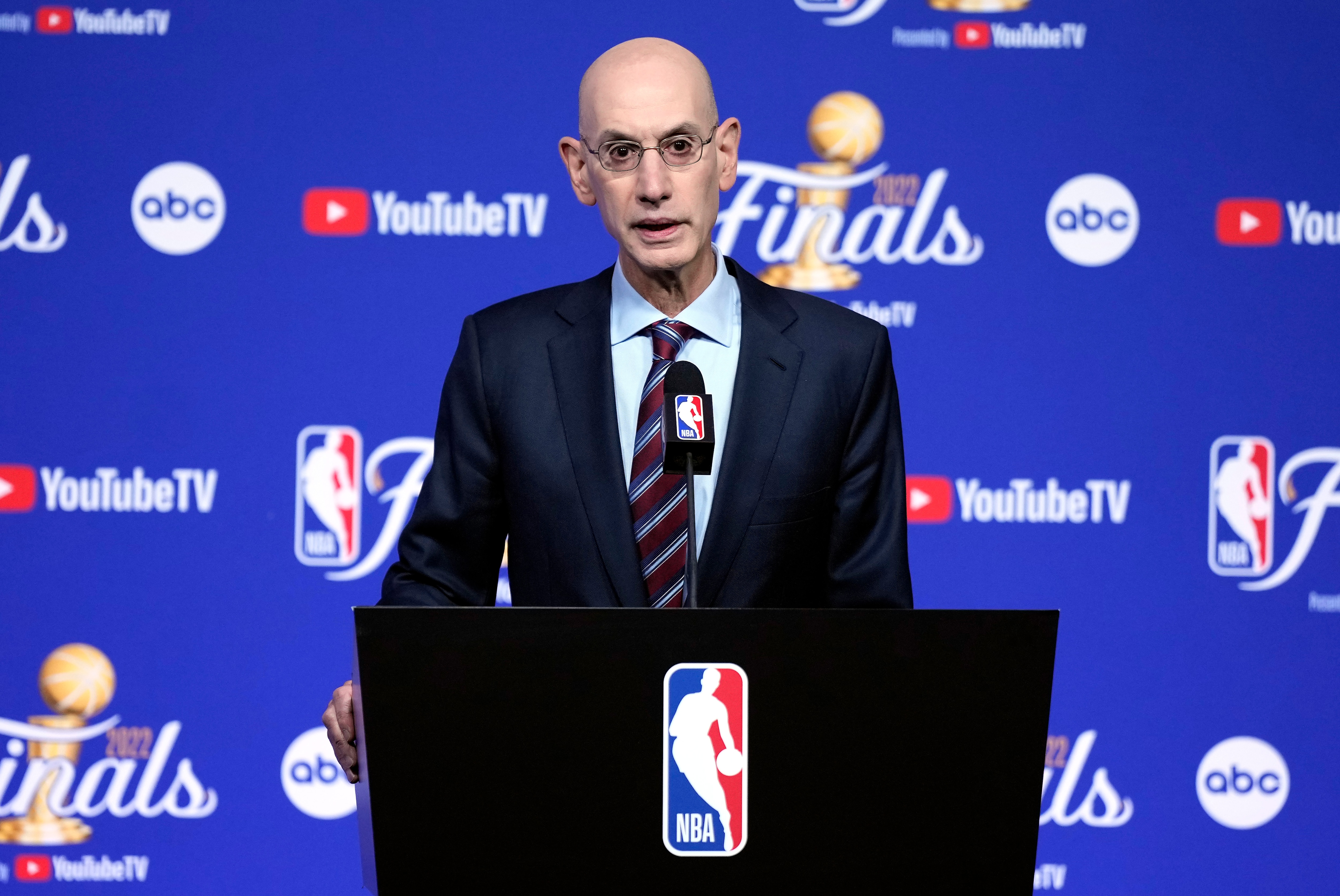 SAN FRANCISCO, CALIFORNIA - JUNE 02: NBA commissioner Adam Silver speaks to the media prior to Game One of the 2022 NBA Finals between the Golden State Warriors and the Boston Celtics at Chase Center on June 02, 2022 in San Francisco, California. NOTE TO USER: User expressly acknowledges and agrees that, by downloading and/or using this photograph, User is consenting to the terms and conditions of the Getty Images License Agreement. (Photo by Thearon W. Henderson/Getty Images)