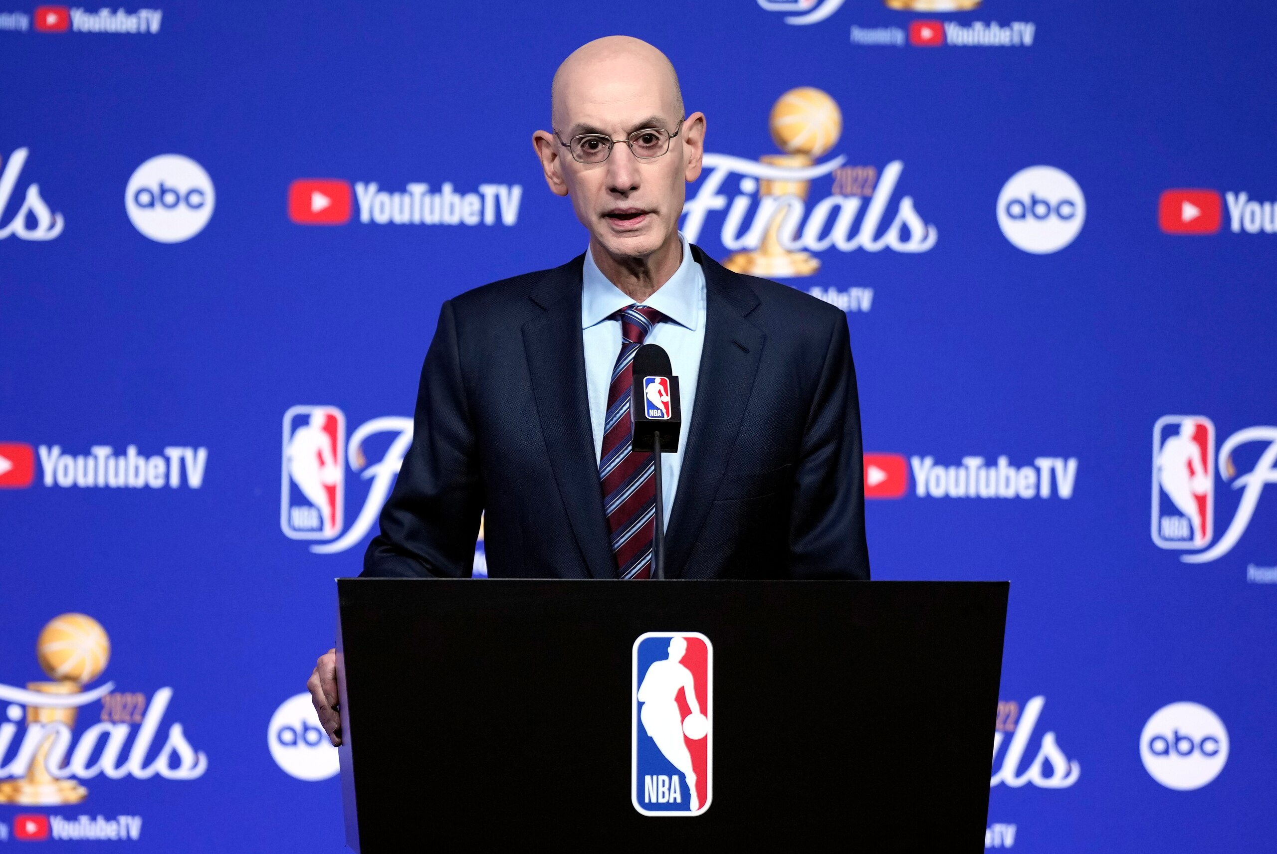 SAN FRANCISCO, CALIFORNIA - JUNE 02: NBA commissioner Adam Silver speaks to the media prior to Game One of the 2022 NBA Finals between the Golden State Warriors and the Boston Celtics at Chase Center on June 02, 2022 in San Francisco, California. NOTE TO USER: User expressly acknowledges and agrees that, by downloading and/or using this photograph, User is consenting to the terms and conditions of the Getty Images License Agreement. (Photo by Thearon W. Henderson/Getty Images)