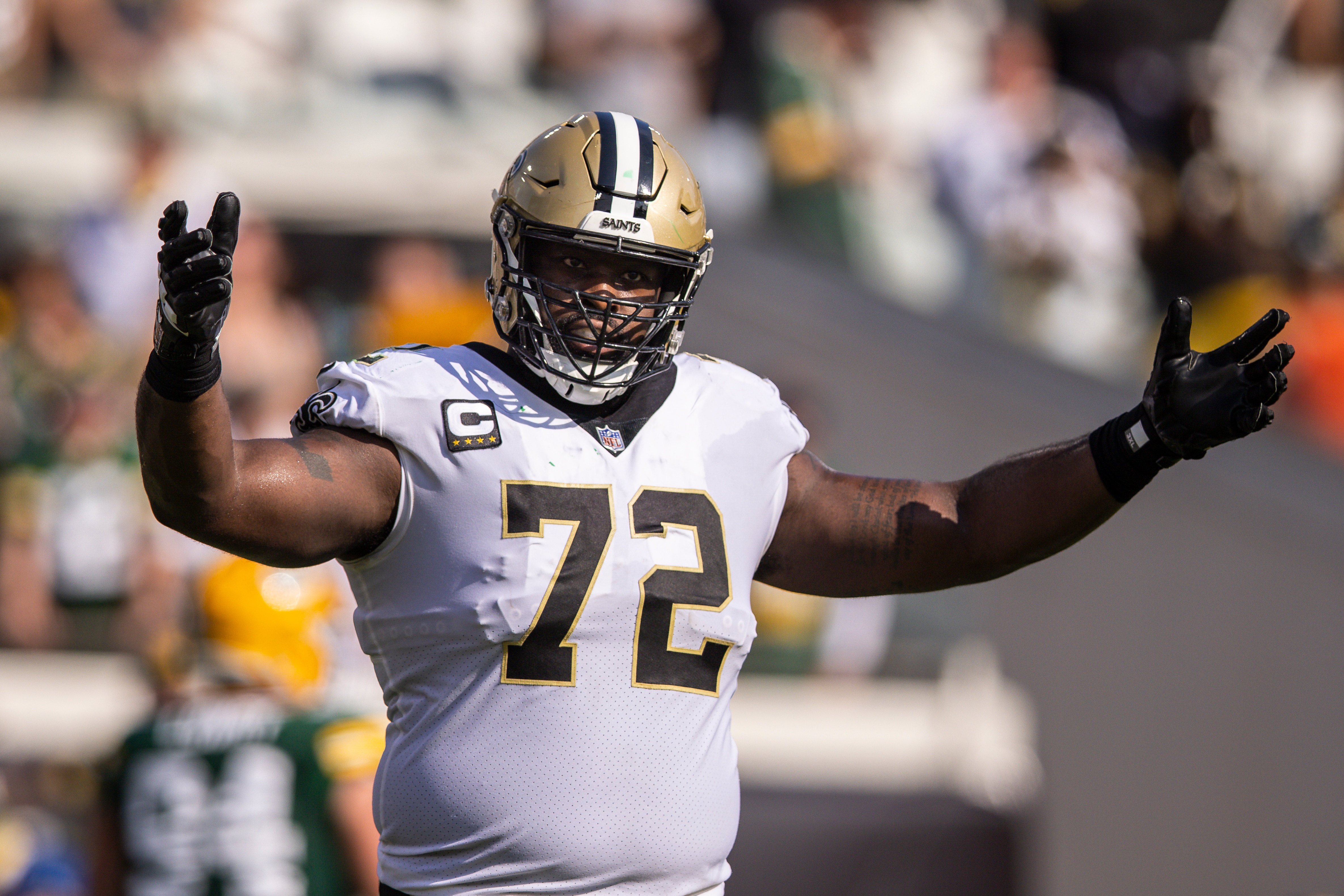JACKSONVILLE, FLORIDA - SEPTEMBER 12: Terron Armstead #72 of the New Orleans Saints celebrates a touchdown during the second quarter of a game against the Green Bay Packers at TIAA Bank Field on September 12, 2021 in Jacksonville, Florida. (Photo by James Gilbert/Getty Images)