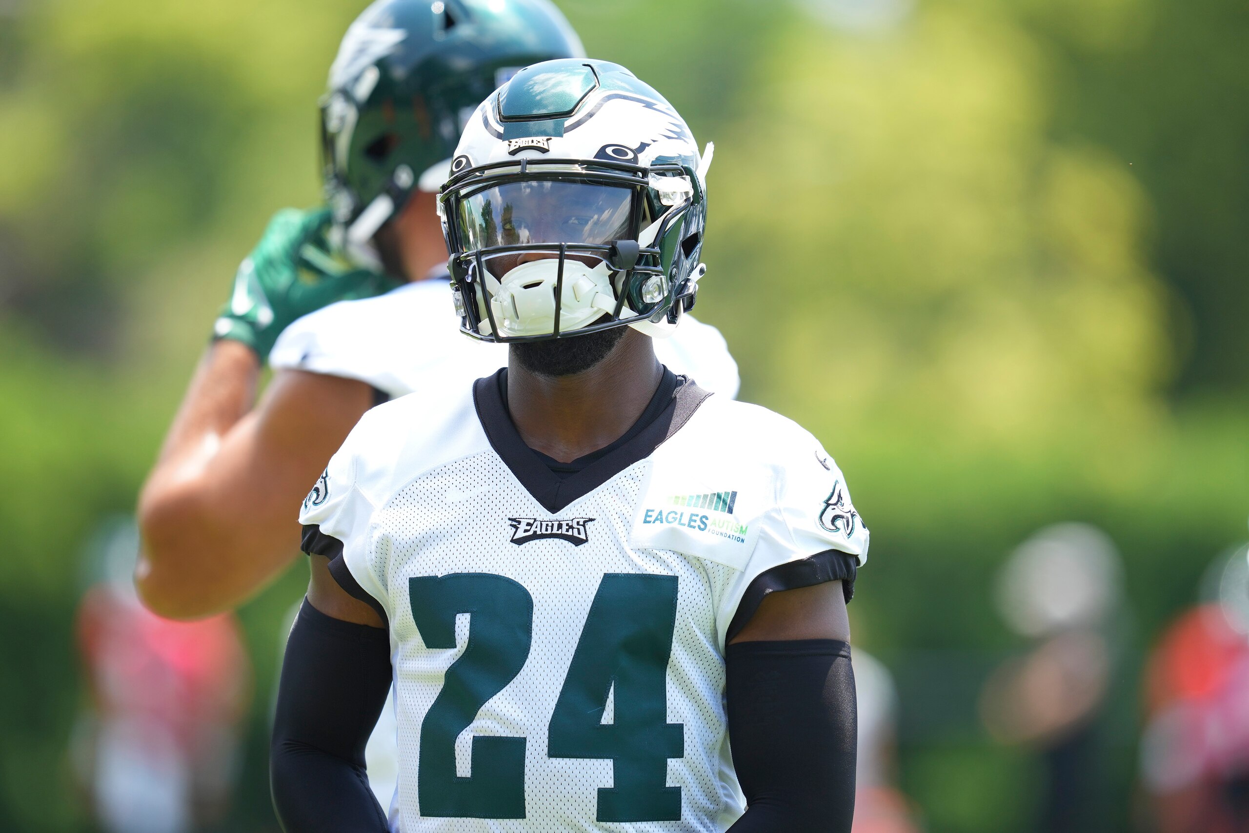PHILADELPHIA, PA - JUNE 08: James Bradberry #24 of the Philadelphia Eagles looks on during OTAs at the NovaCare Complex on June 8, 2022 in Philadelphia, Pennsylvania. (Photo by Mitchell Leff/Getty Images)