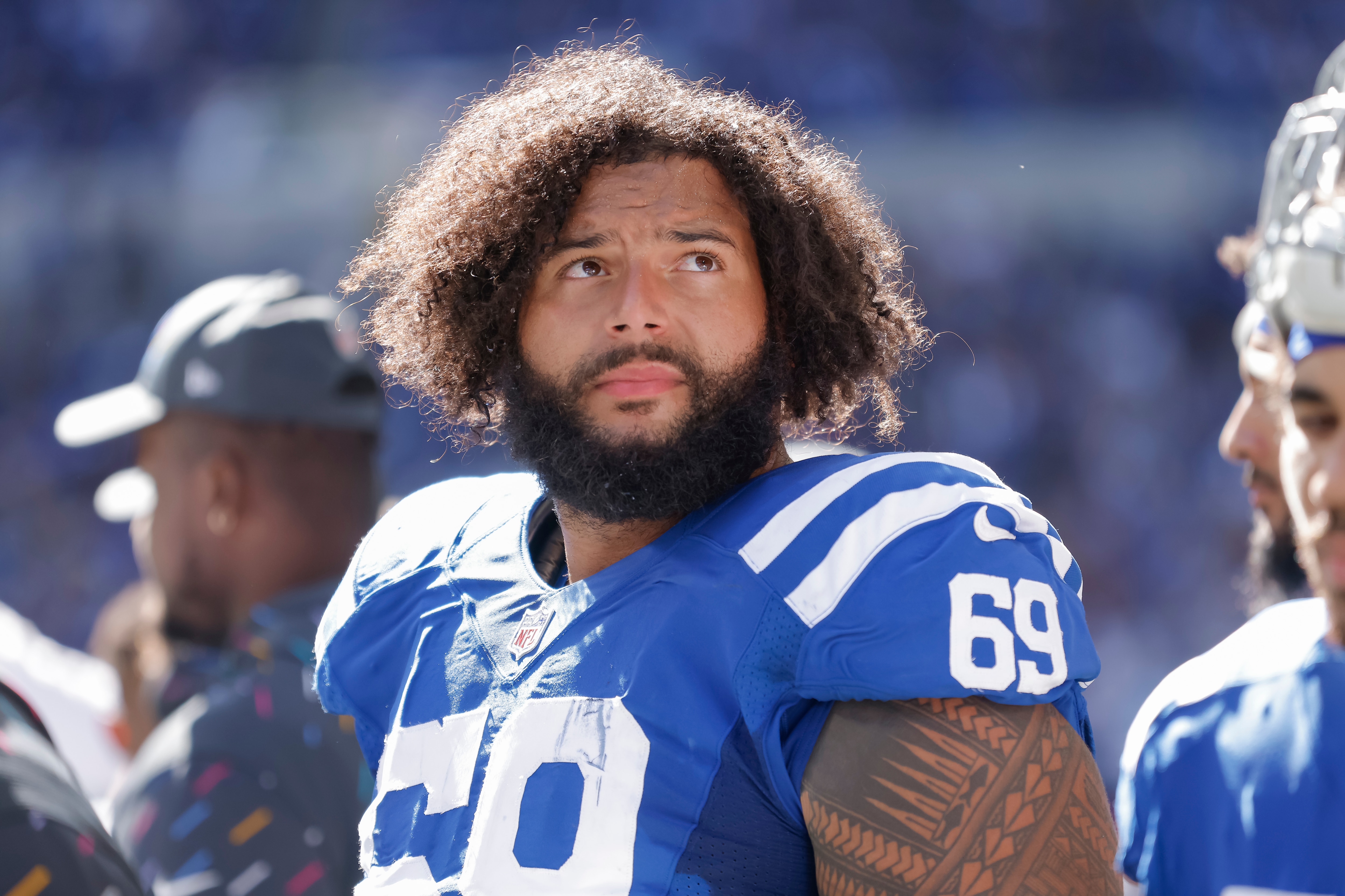 INDIANAPOLIS, IN - OCTOBER 17: Matt Pryor #69 of the Indianapolis Colts is seen during the game against the Houston Texans at Lucas Oil Stadium on October 17, 2021 in Indianapolis, Indiana. (Photo by Michael Hickey/Getty Images)