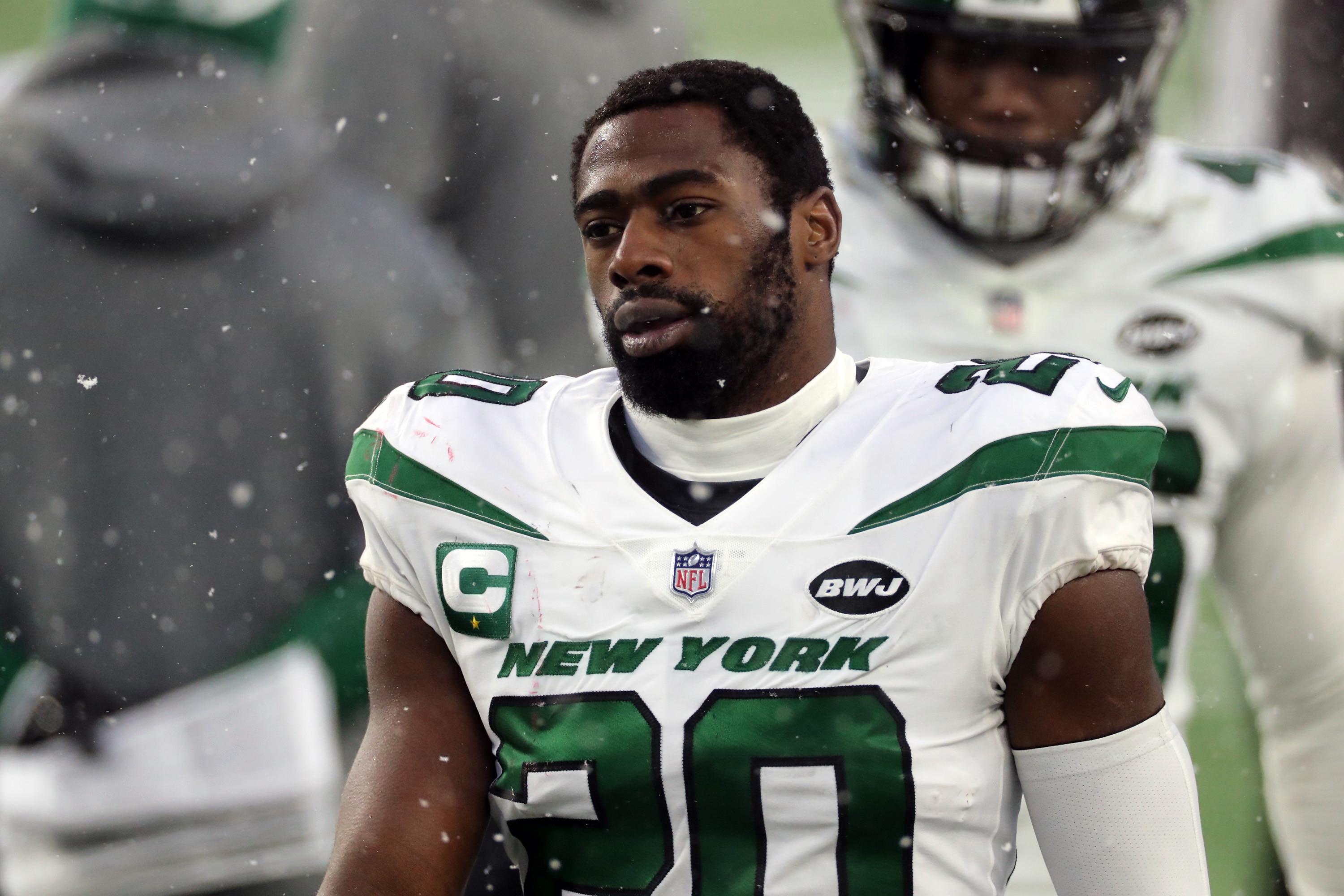 FOXBOROUGH, MA - JANUARY 03:Marcus Maye #20  of the New York Jets follows the action against the New England Patriots at Gillette Stadium on January 3, 2021 in Foxborough, Massachusetts. (Photo by Al Pereira/Getty Images)