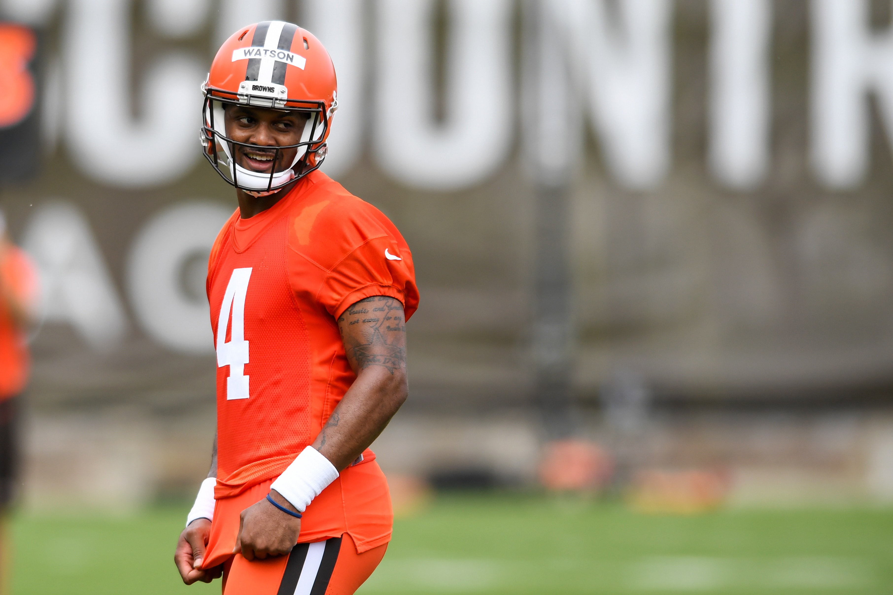 BEREA, OH - MAY 25: Deshaun Watson #4 of the Cleveland Browns looks on during the Cleveland Browns OTAs at CrossCountry Mortgage Campus on May 25, 2022 in Berea, Ohio. (Photo by Nick Cammett/Diamond Images via Getty Images)