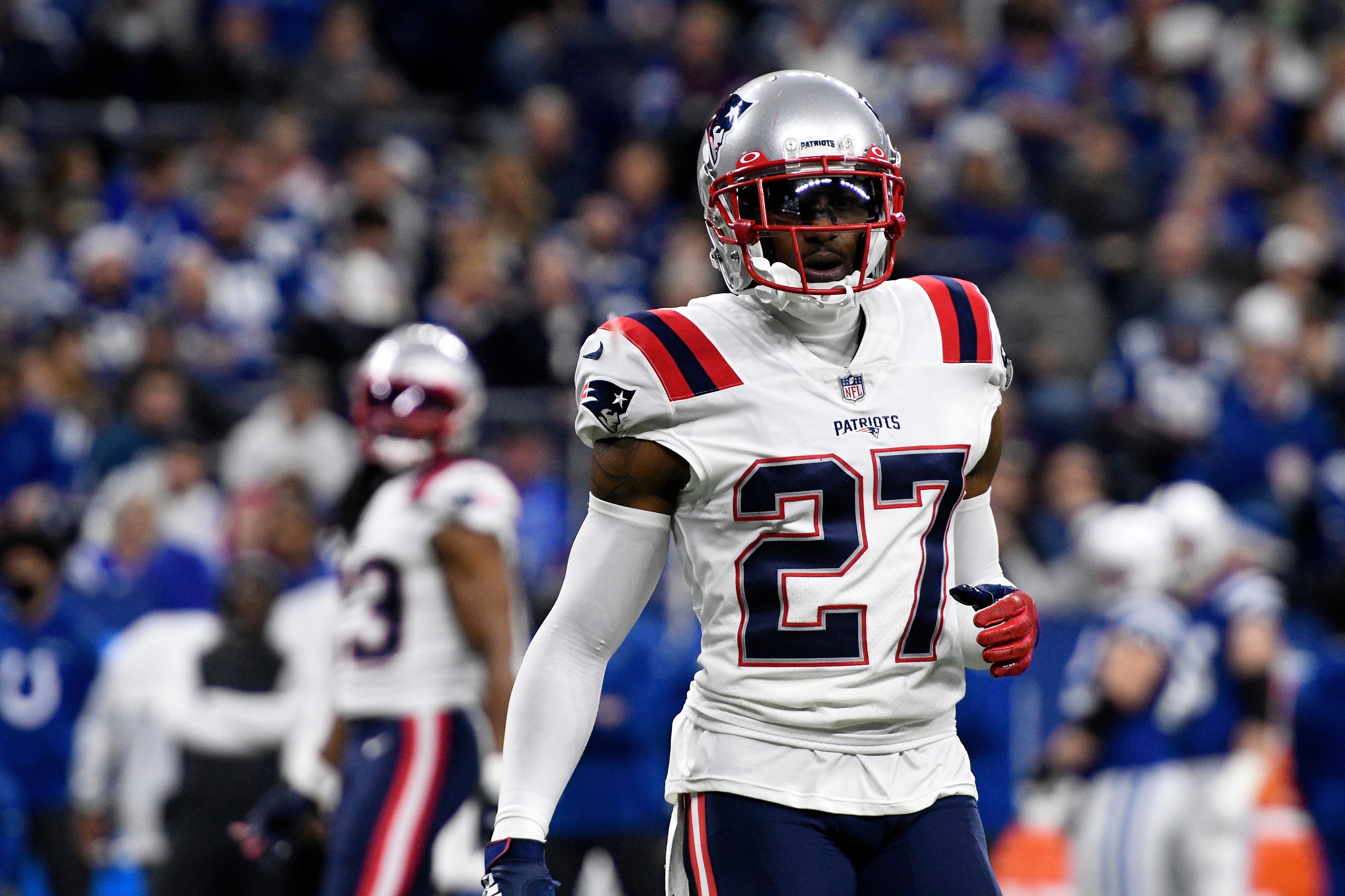 INDIANAPOLIS, IN - DECEMBER 18: New England Patriots Cornerback J.C. Jackson (27) looks to the sideline during the NFL football game between the New England Patriots and the Indianapolis Colts on December 18, 2021, at Lucas Oil Stadium in Indianapolis, Indiana. (Photo by Michael Allio/Icon Sportswire via Getty Images)