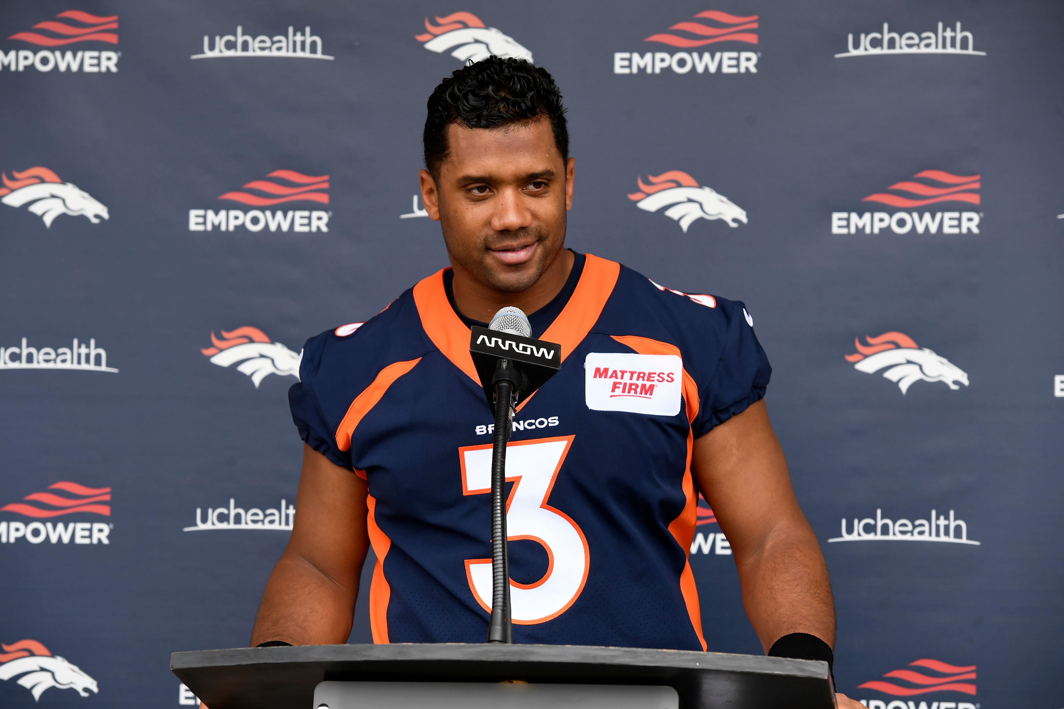 ENGLEWOOD, CO - MAY 23: Denver Broncos quarterback Russell Wilson meets with members of the media after an early season practice session at Dove Valley at the at UCHealth Training Center on May 23, 2022 in Englewood, Colorado. (Photo by Helen H. Richardson/MediaNews Group/The Denver Post via Getty Images)