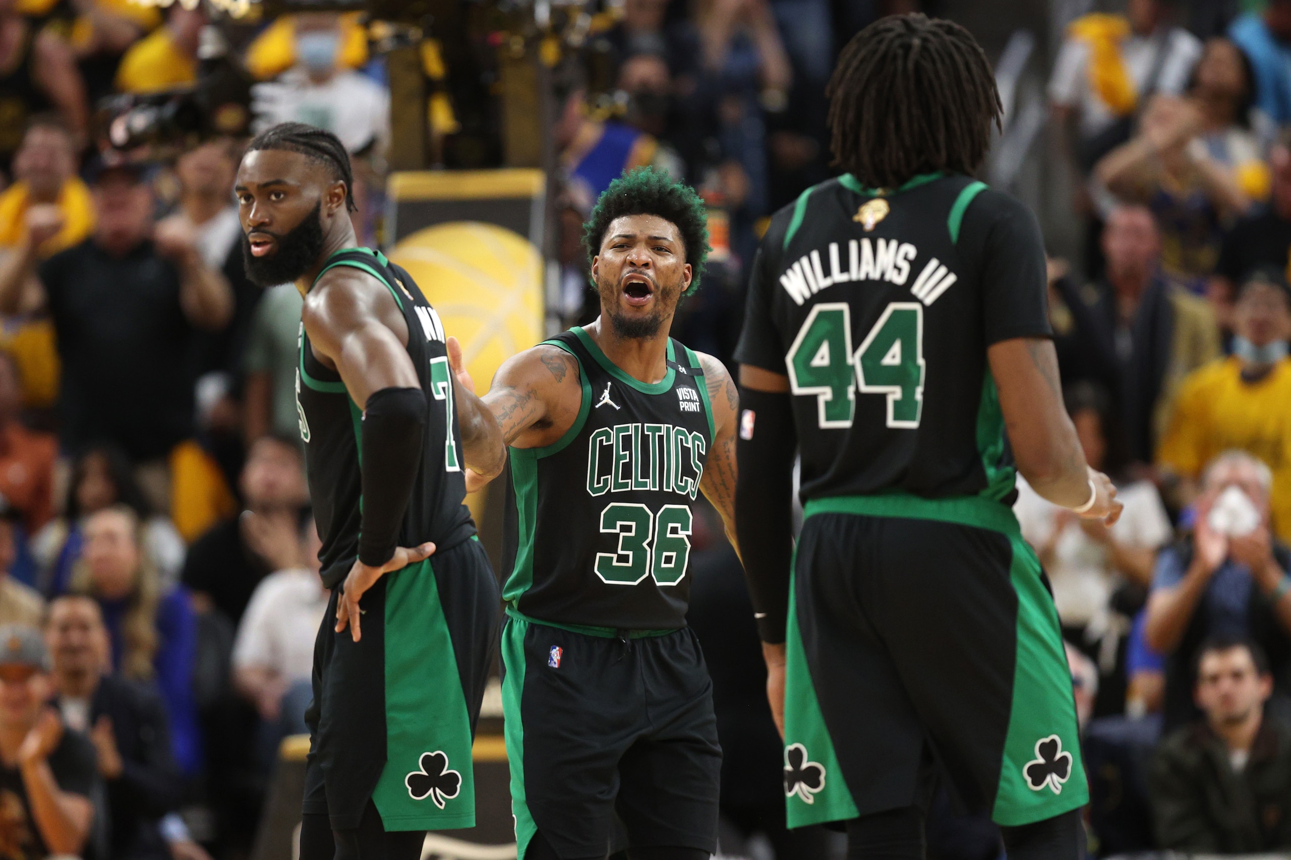 SAN FRANCISCO, CALIFORNIA - JUNE 13: Marcus Smart #36 of the Boston Celtics reacts after getting a technical foul during the fourth quarter against the Golden State Warriors in Game Five of the 2022 NBA Finals at Chase Center on June 13, 2022 in San Francisco, California. NOTE TO USER: User expressly acknowledges and agrees that, by downloading and/or using this photograph, User is consenting to the terms and conditions of the Getty Images License Agreement. (Photo by Ezra Shaw/Getty Images)