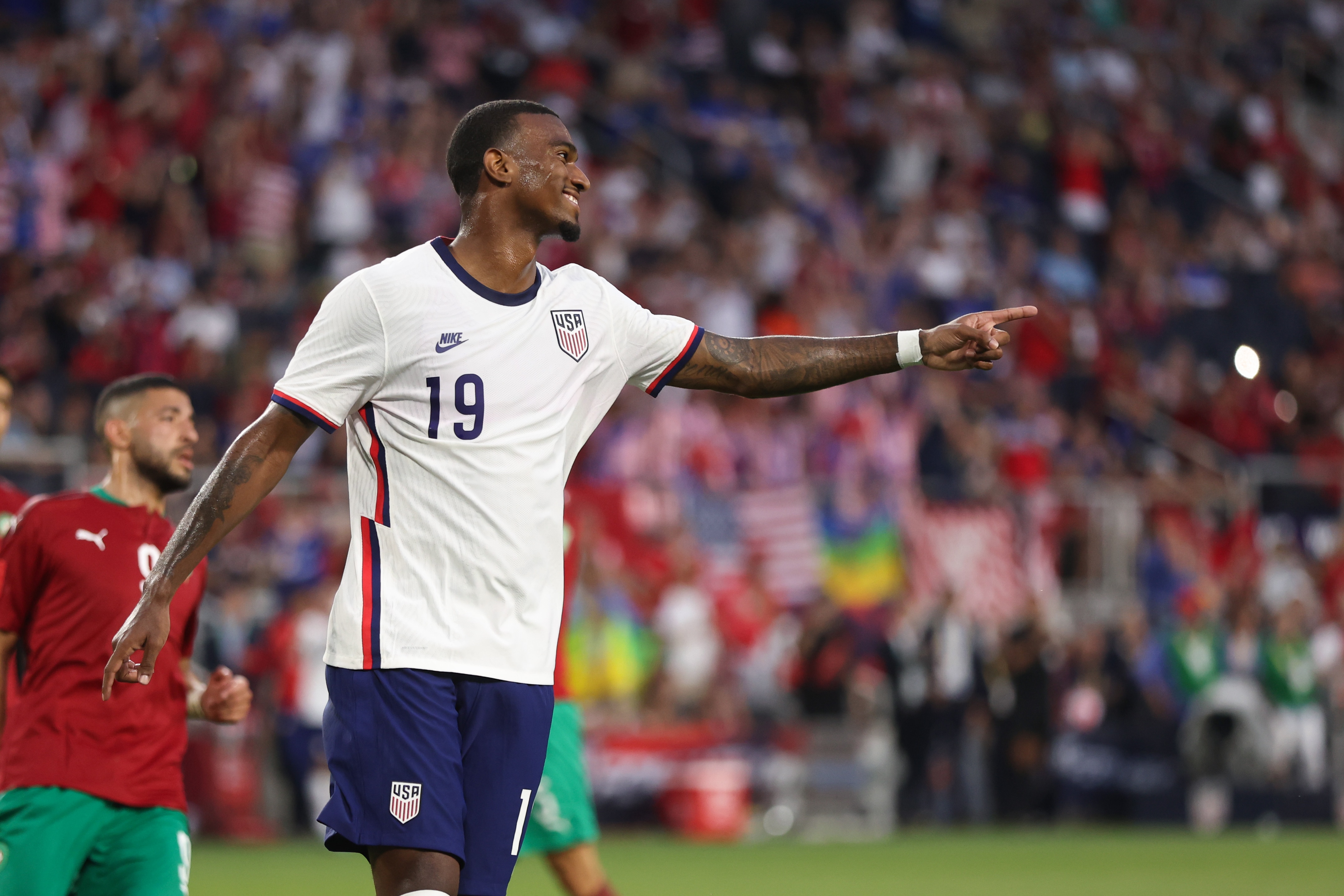CINCINNATI, OH - JUNE 01: Haji Wright of USA / United States of America celebrates after scoring his first ever goal to make it 1-0 during an international friendly between United States of America / USA and Morocco at TQL Stadium on June 1, 2022 in Cincinnati, Ohio. (Photo by Matthew Ashton - AMA/Getty Images)