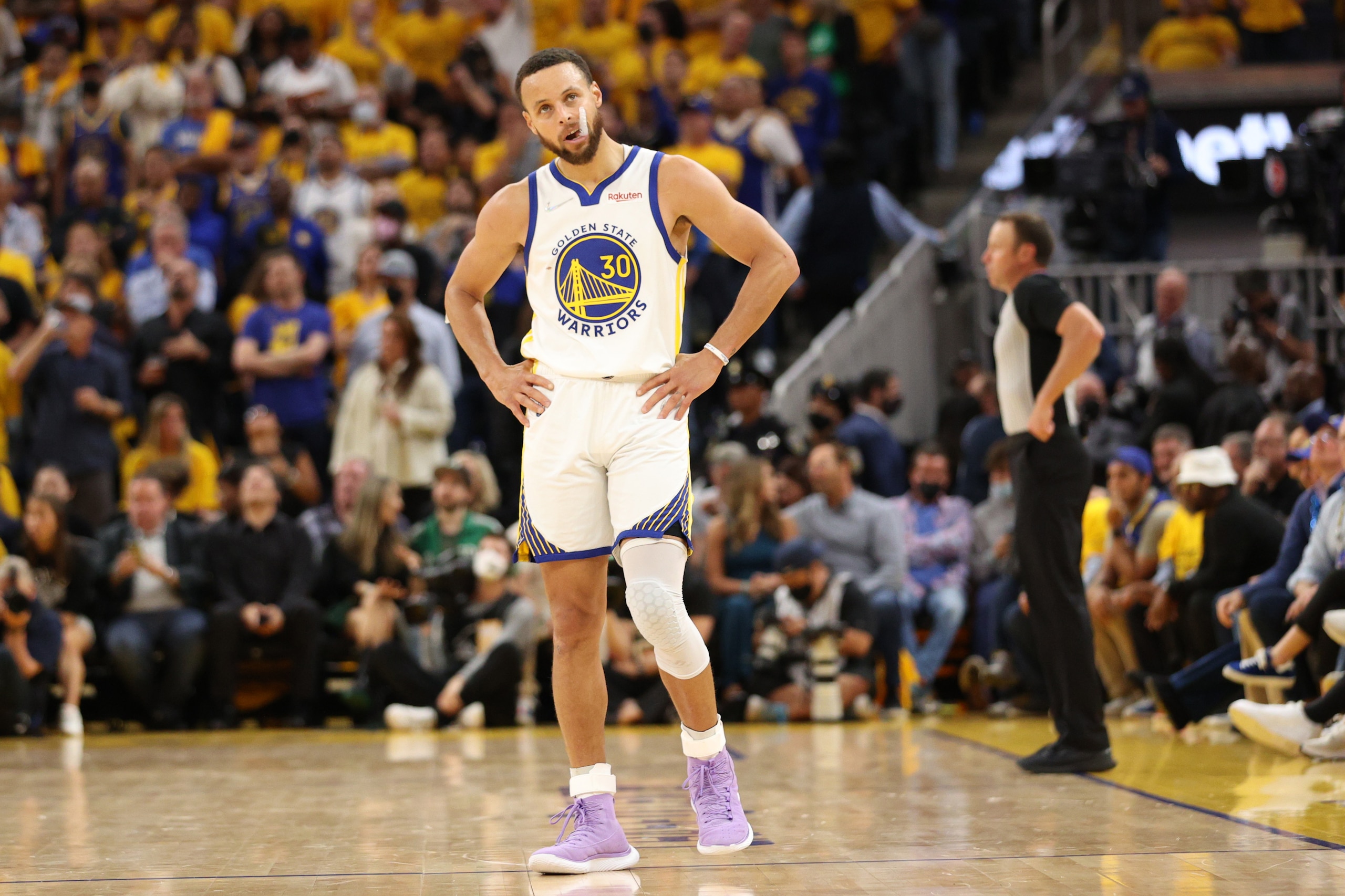 SAN FRANCISCO, CALIFORNIA - JUNE 13: Stephen Curry #30 of the Golden State Warriors looks on during the fourth quarter against the Boston Celtics in Game Five of the 2022 NBA Finals at Chase Center on June 13, 2022 in San Francisco, California. NOTE TO USER: User expressly acknowledges and agrees that, by downloading and/or using this photograph, User is consenting to the terms and conditions of the Getty Images License Agreement. (Photo by Ezra Shaw/Getty Images)