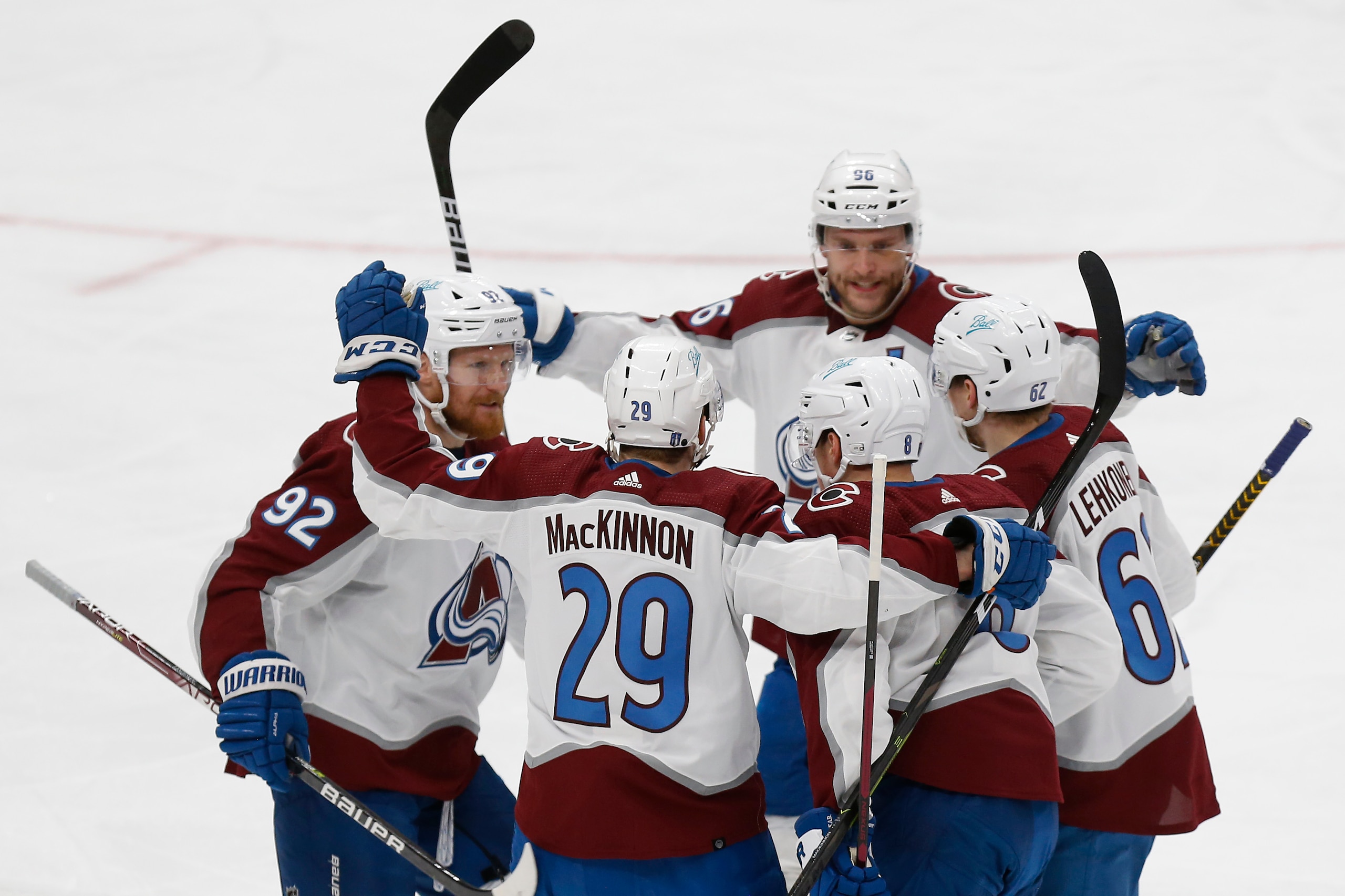 EDMONTON, ALBERTA - JUNE 06: Cale Makar #8 of the Colorado Avalanche celebrates his goal with teammates during the first period in Game Four of the Western Conference Final of the 2022 Stanley Cup Playoffs against the Edmonton Oilers at Rogers Place on June 06, 2022 in Edmonton, Alberta. (Photo by Codie McLachlan/Getty Images)