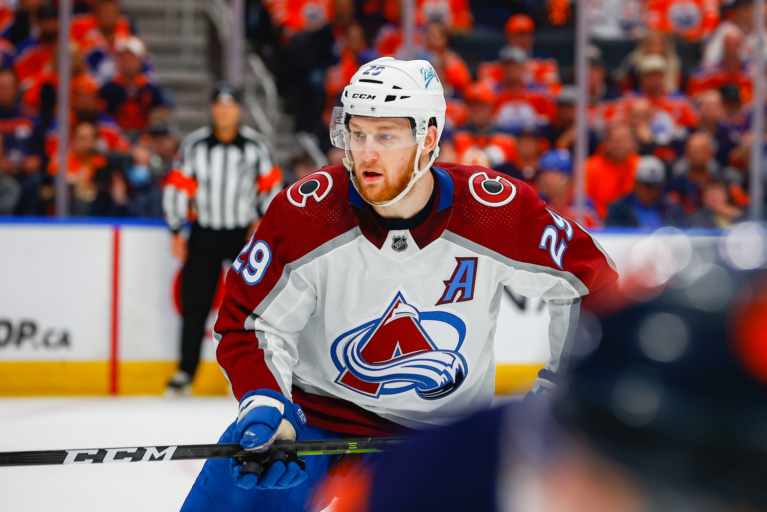 EDMONTON, AB - JUNE 06: Colorado Avalanche Center Nathan MacKinnon (29) calls for a pass in the first period during the Edmonton Oilers versus the Colorado Avalanche in the Stanley Cup Western Conference Finals, game 4 on June 06, 2022 at Rogers Place in Edmonton, AB. (Photo by Curtis Comeau/Icon Sportswire via Getty Images)