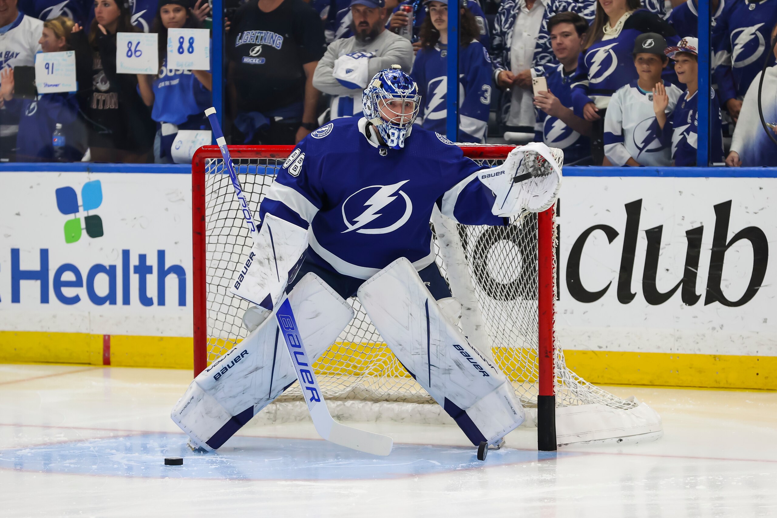 TAMPA, FL - JUNE 11: Goalie Andrei Vasilevskiy #88 of the Tampa Bay Lightning gets ready for the game against the New York Rangers before Game Six of the Eastern Conference Final of the 2022 Stanley Cup Playoffs at Amalie Arena on June 11, 2022 in Tampa, Florida. (Photo by Mark LoMoglio/NHLI via Getty Images)