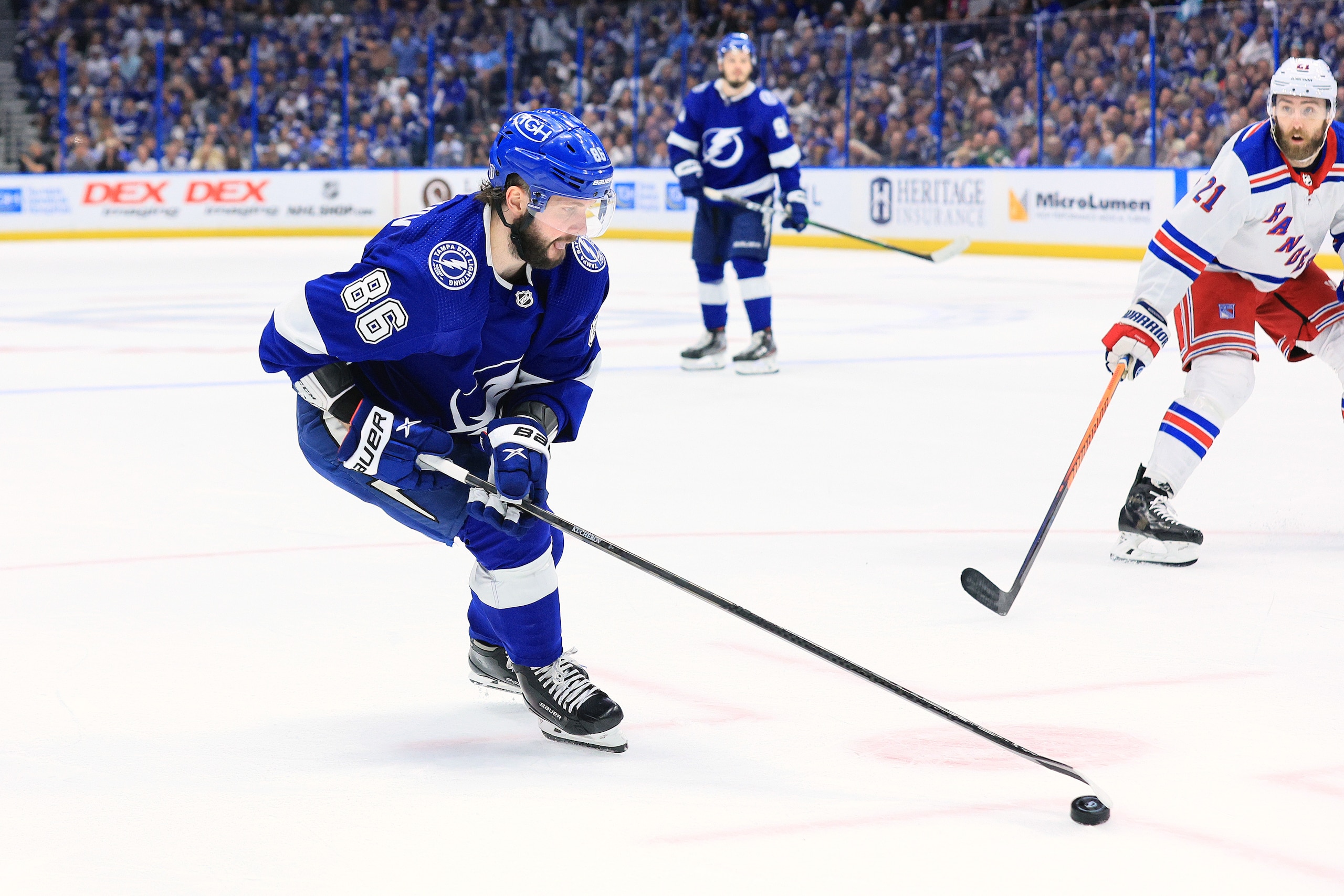 TAMPA, FLORIDA - JUNE 11: Nikita Kucherov #86 of the Tampa Bay Lightning skates with the puck against the New York Rangers during the second period in Game Six of the Eastern Conference Final of the 2022 Stanley Cup Playoffs at Amalie Arena on June 11, 2022 in Tampa, Florida. (Photo by Andy Lyons/Getty Images)