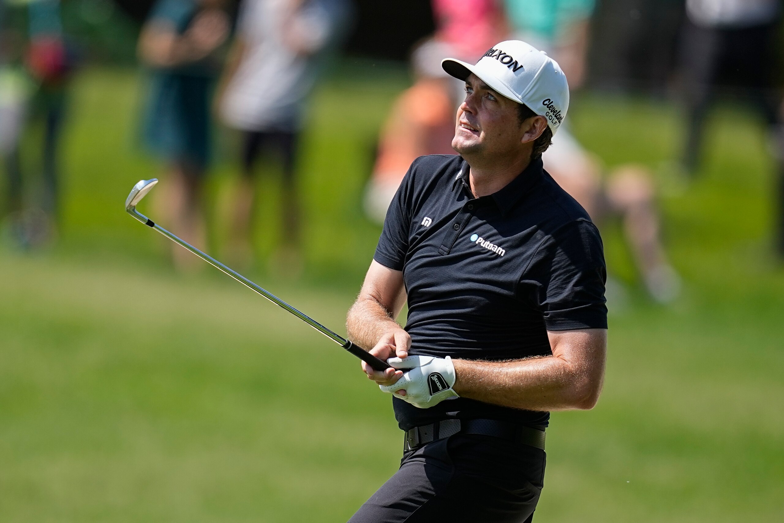 Keegan Bradley watches his fairway shoot on the first hole during the third round of the Memorial golf tournament Sunday, June 5, 2022, in Dublin, Ohio. (AP Photo/Darron Cummings)