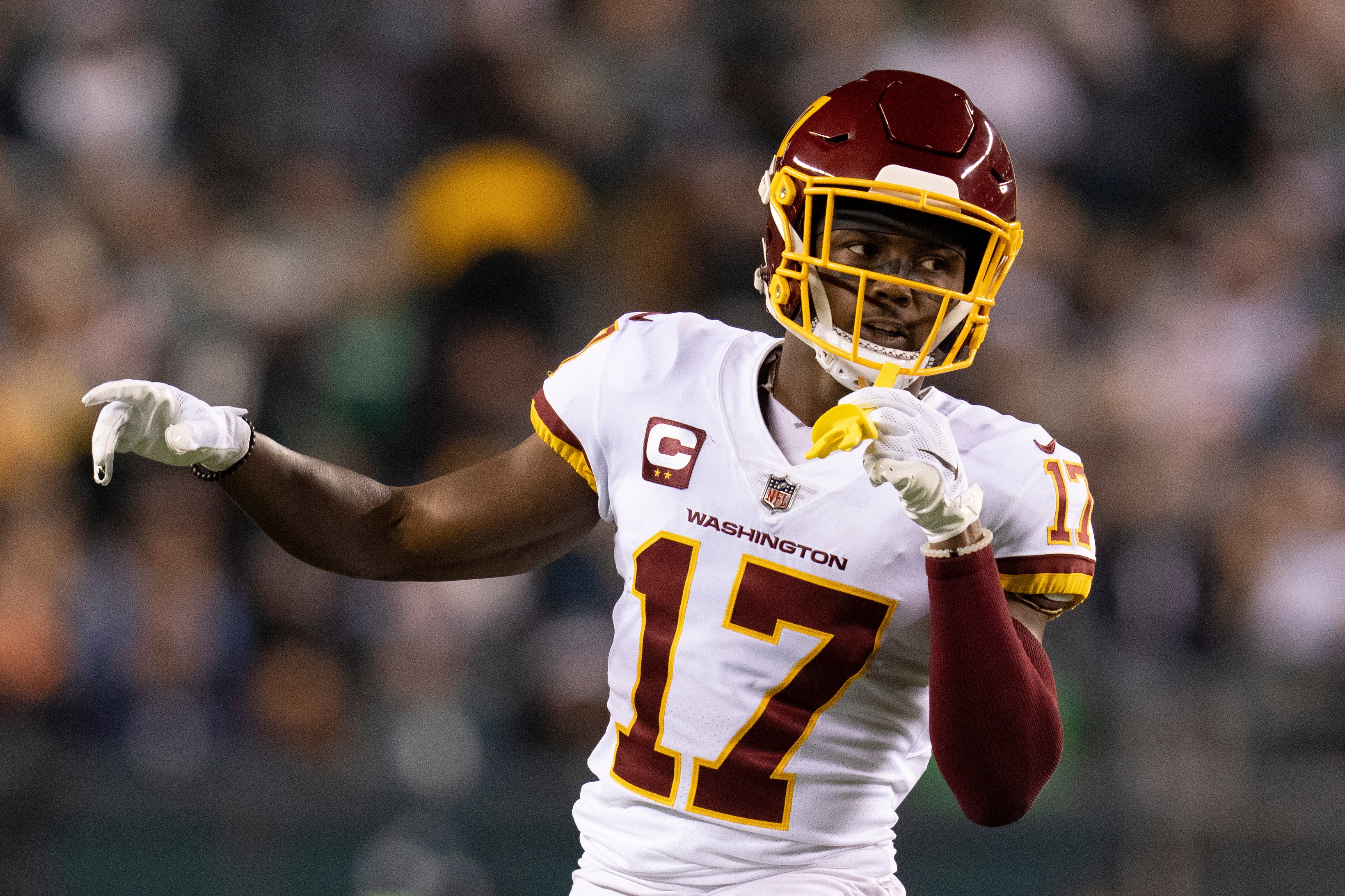 PHILADELPHIA, PA - DECEMBER 21: Terry McLaurin #17 of the Washington Football Team looks on against the Philadelphia Eagles at Lincoln Financial Field on December 21, 2021 in Philadelphia, Pennsylvania. (Photo by Mitchell Leff/Getty Images)