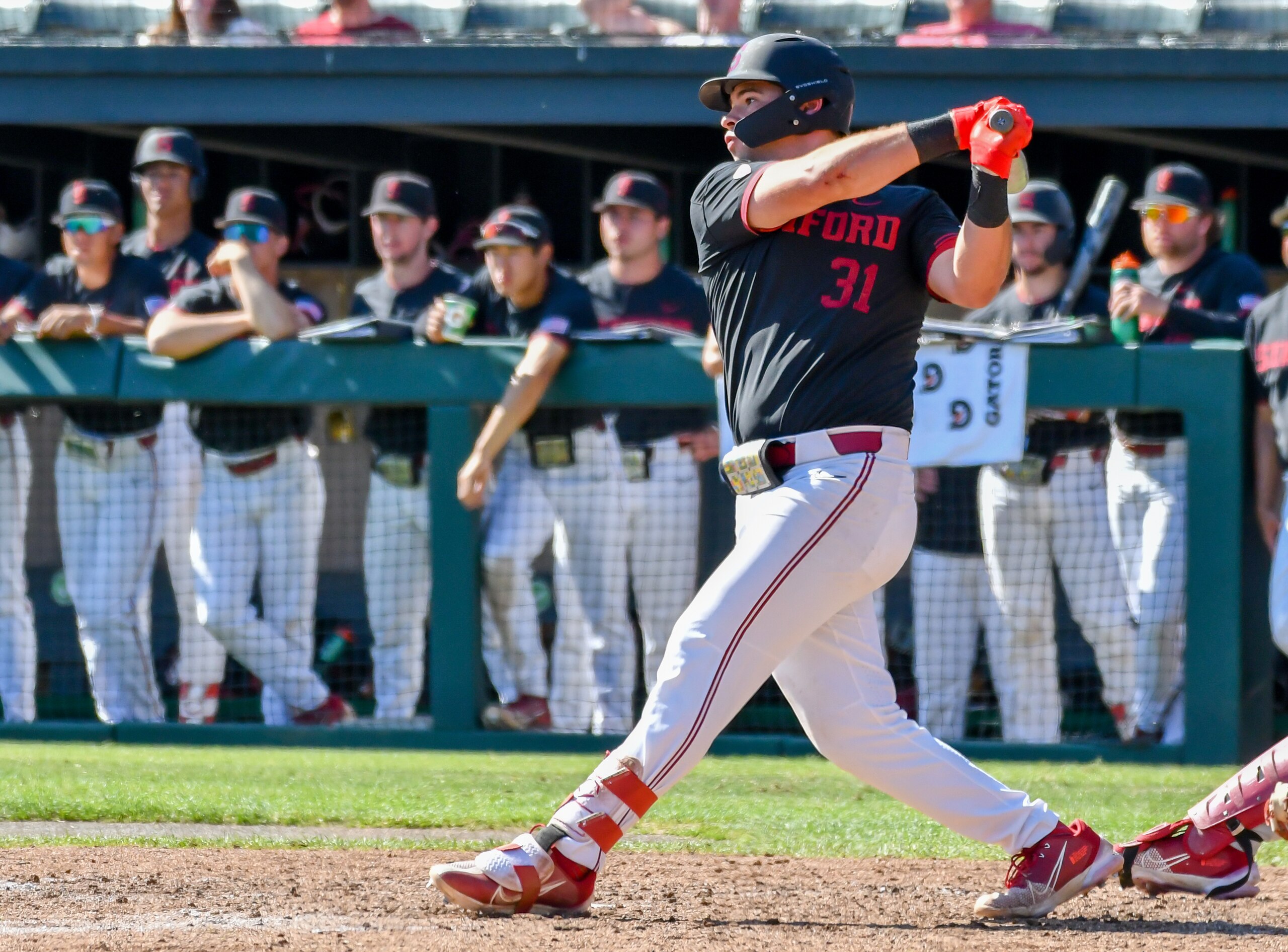 STANFORD, CA - MARCH 26: Stanford Cardinal infielder Carter Graham (31) swings at a pitch during the game between the Washington State Cougars and the Stanford Cardinal on Saturday, March 26, 2022 at Klein Field in Palo Alto, California. (Photo by Douglas Stringer/Icon Sportswire via Getty Images)