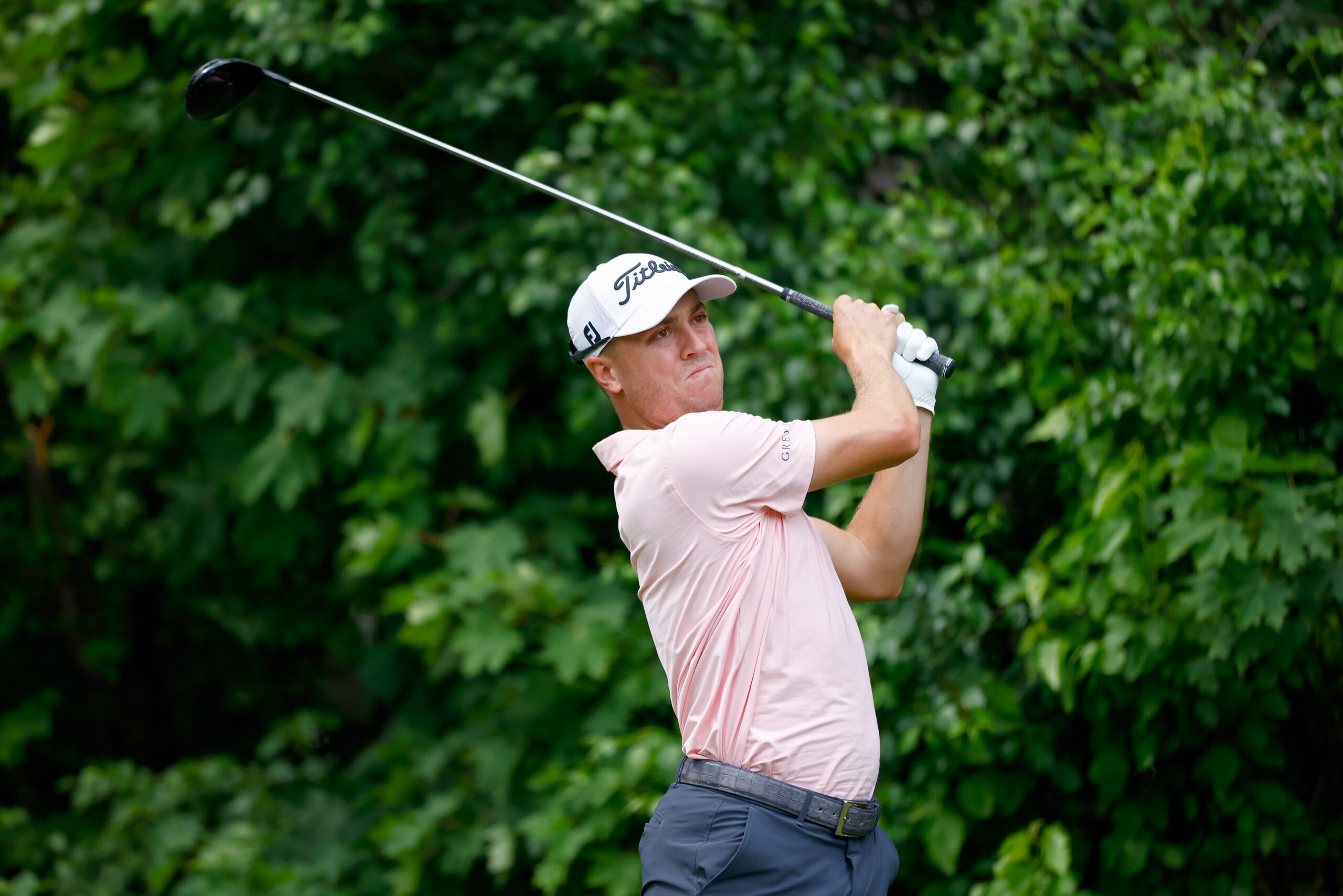 ETOBICOKE, ONTARIO - JUNE 12: Justin Thomas of the United States plays his shot from the 14th tee during the final round of the RBC Canadian Open at St. George's Golf and Country Club on June 12, 2022 in Etobicoke, Ontario. (Photo by Vaughn Ridley/Getty Images)