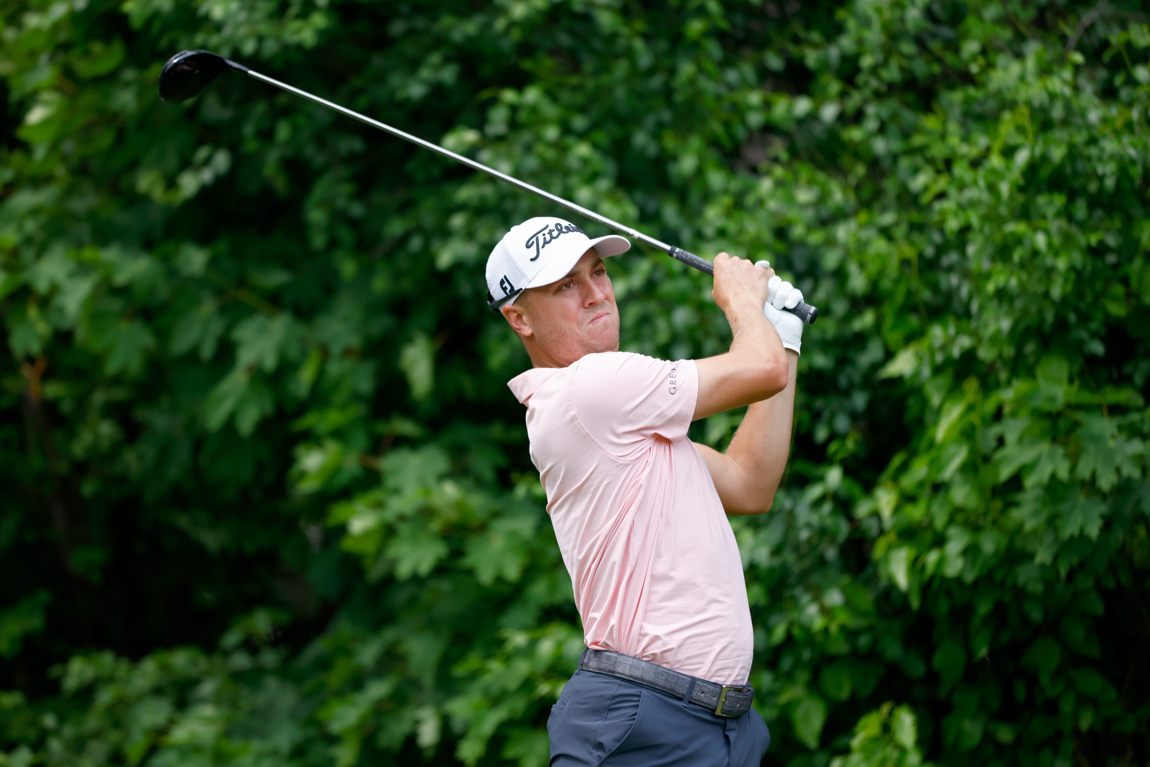 ETOBICOKE, ONTARIO - JUNE 12: Justin Thomas of the United States plays his shot from the 14th tee during the final round of the RBC Canadian Open at St. George's Golf and Country Club on June 12, 2022 in Etobicoke, Ontario. (Photo by Vaughn Ridley/Getty Images)